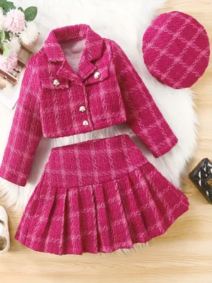 3-Piece Set, Girls Outfirt - Plaid Long Sleeve Blazer   Hat   Pleated Skirt