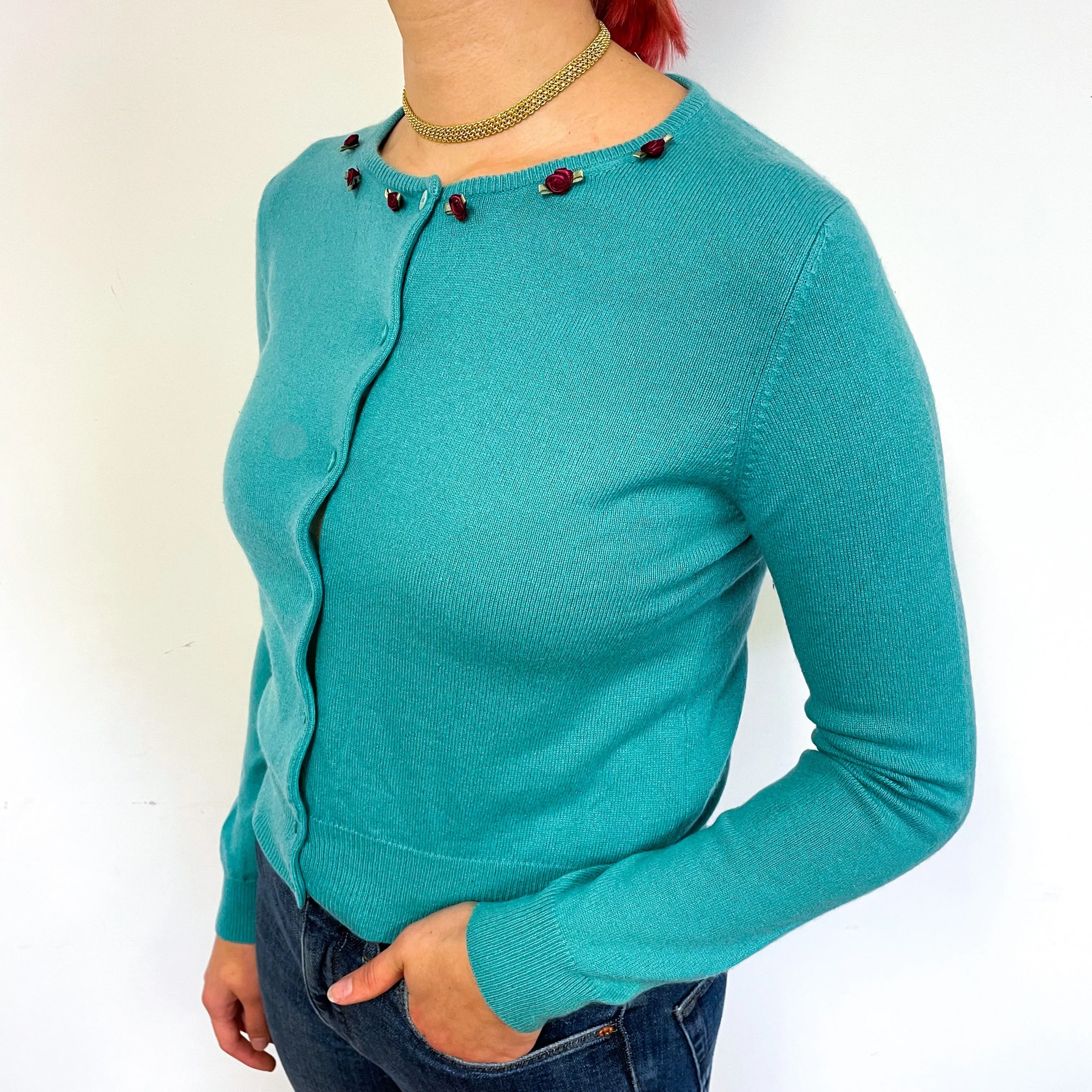 Aqua Green Rose Cashmere Crew Neck Cardigan Small