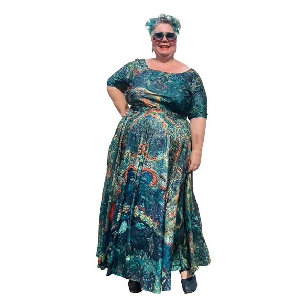 Art Series: Cottages & Cypresses Maxi Dress Plus Size with Fitted Bodice, Sleeves and Voluminous Circle Skirt