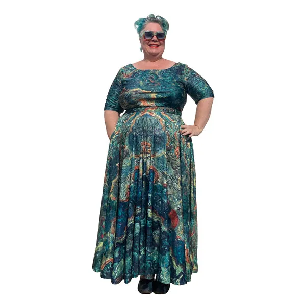 Art Series: Cottages & Cypresses Maxi Dress Plus Size with Fitted Bodice, Sleeves and Voluminous Circle Skirt