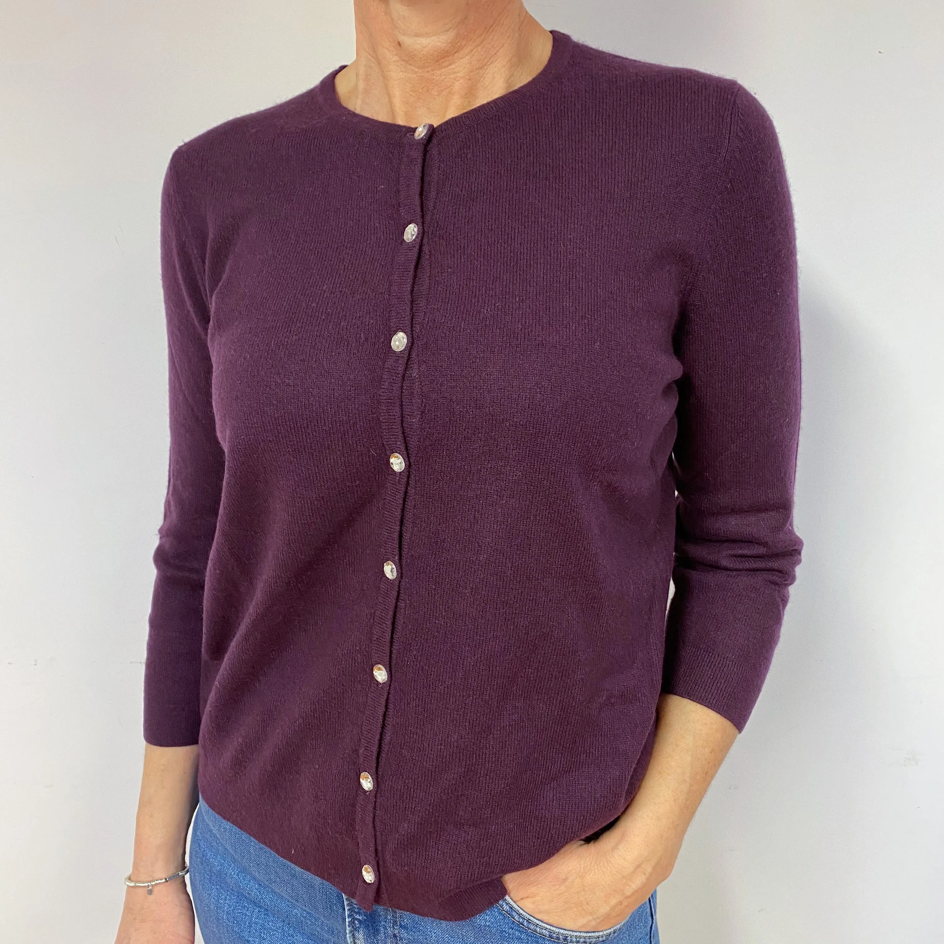 Aubergine Purple Cashmere Crew Neck Cardigan Medium