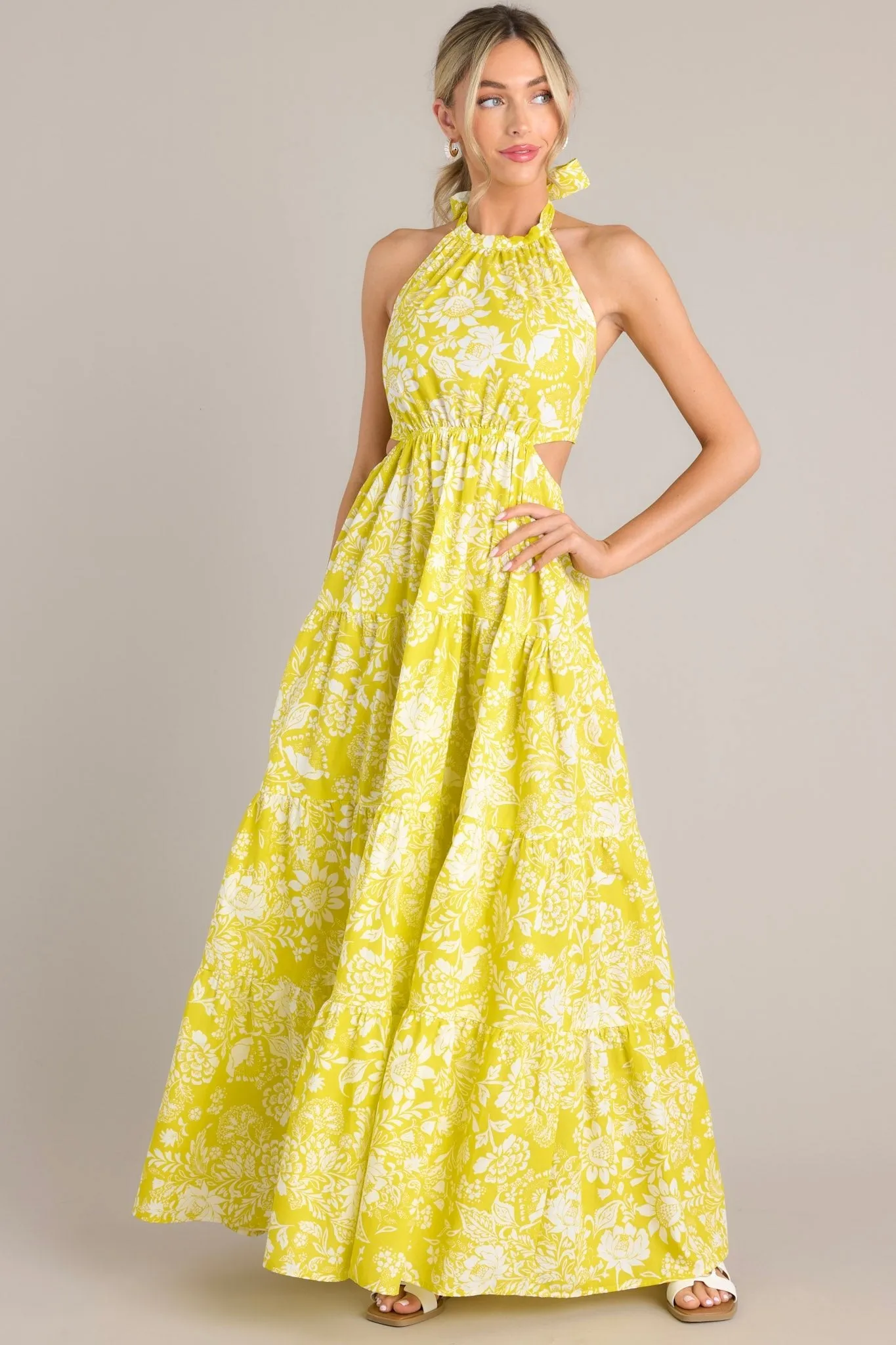 Be Blissfully Happy Yellow Floral Halter Maxi Dress