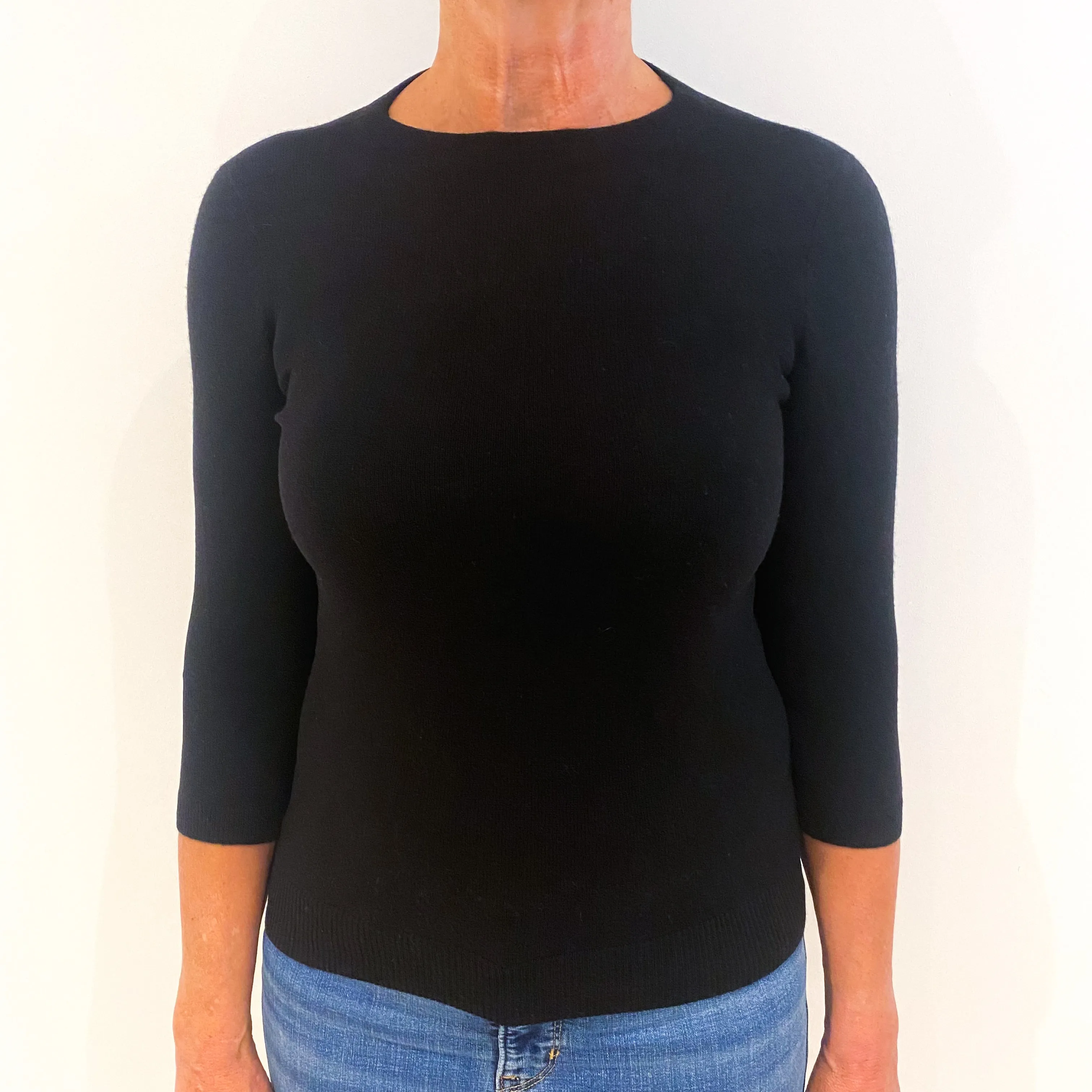 Black 3/4 Sleeved Cashmere Crew Neck Jumper Medium