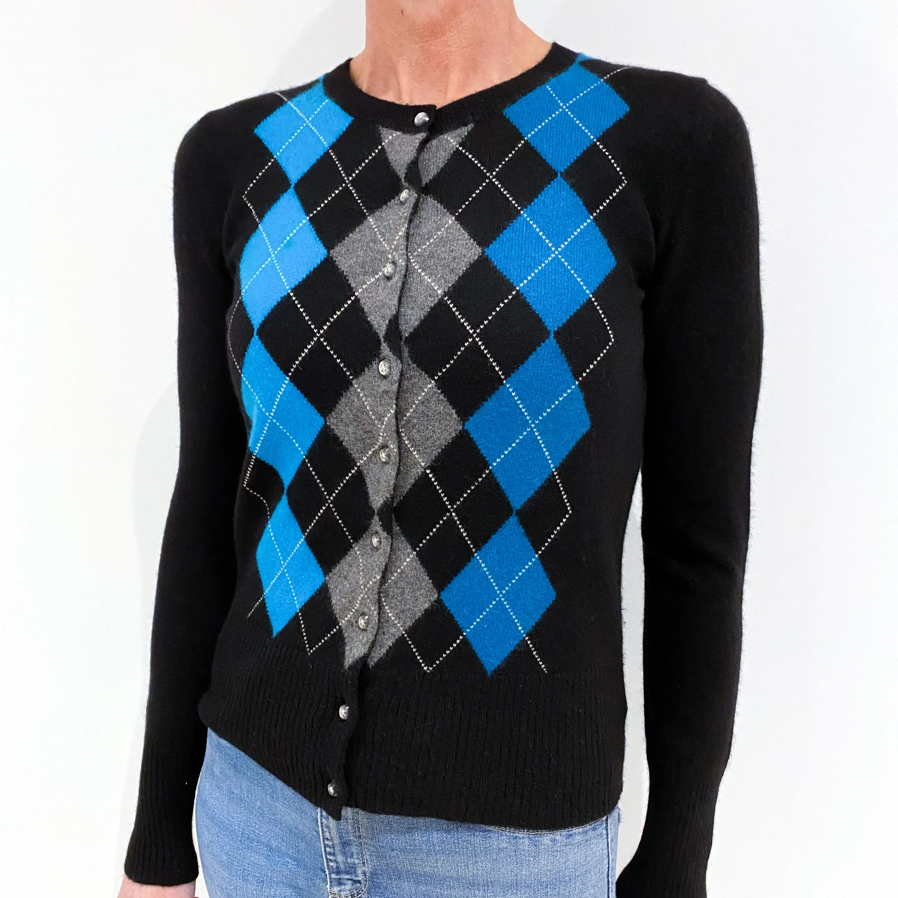 Black and Turqoise Cashmere Crew Neck Cardigan Small