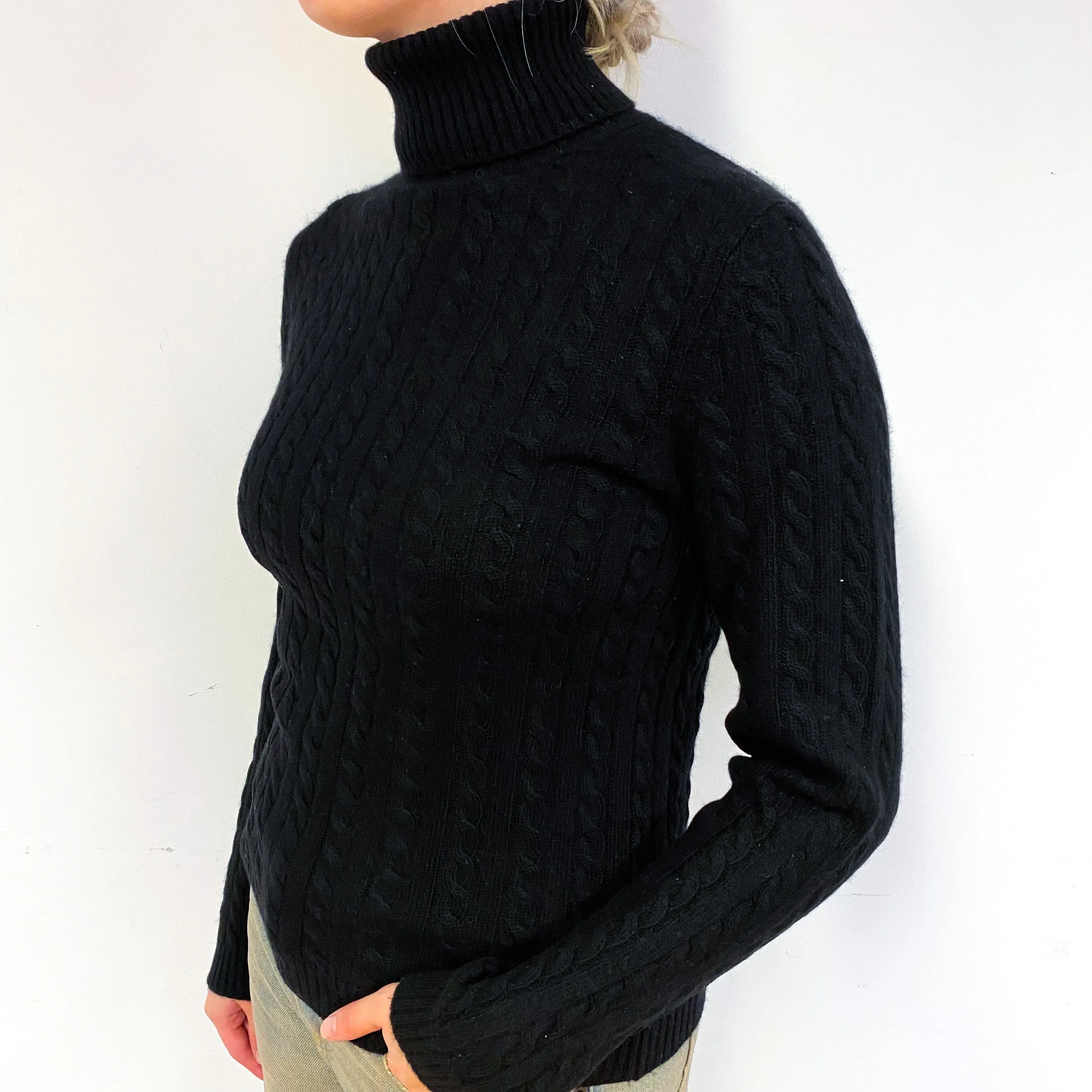 Black Cable Cashmere Polo Neck Jumper Small