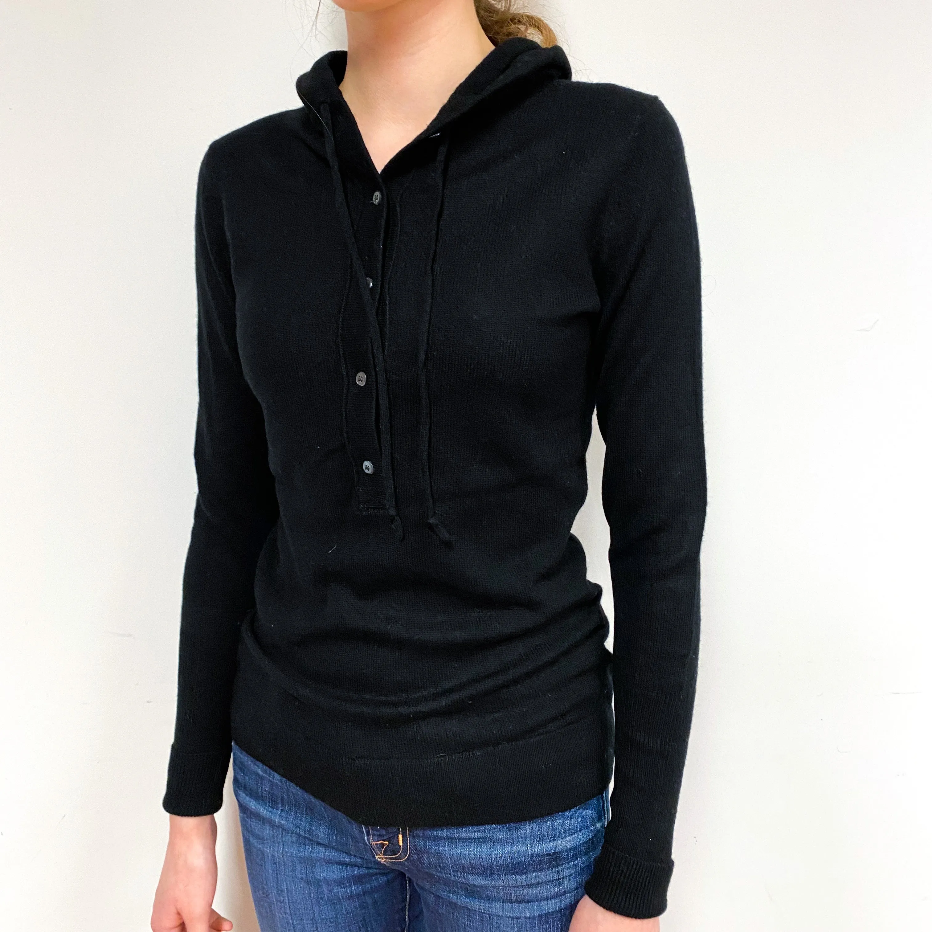 Black Cashmere 1/2 Buttoned Hoodie Jumper Extra Small