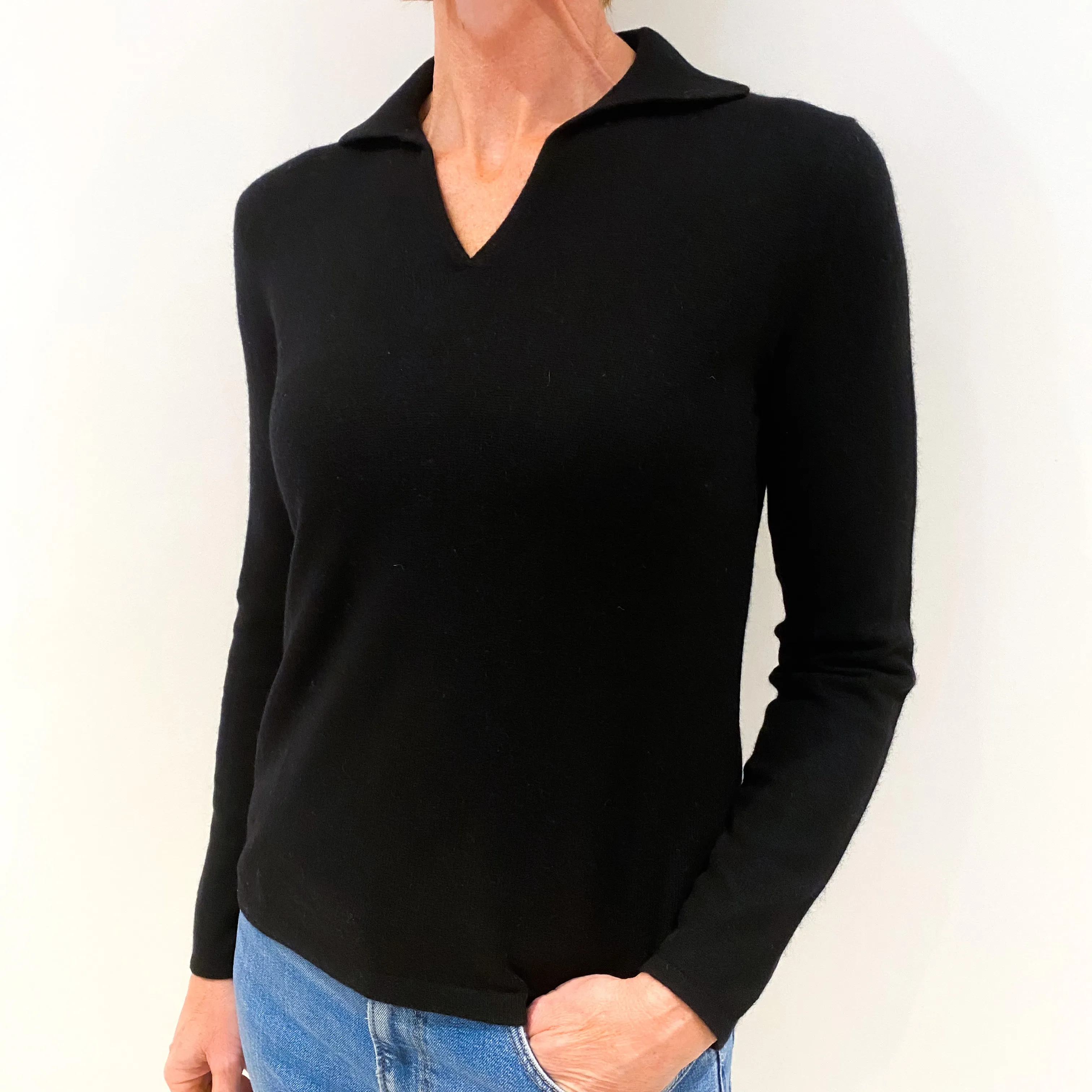 Black Cashmere Collared V-Neck Jumper Small/Petite
