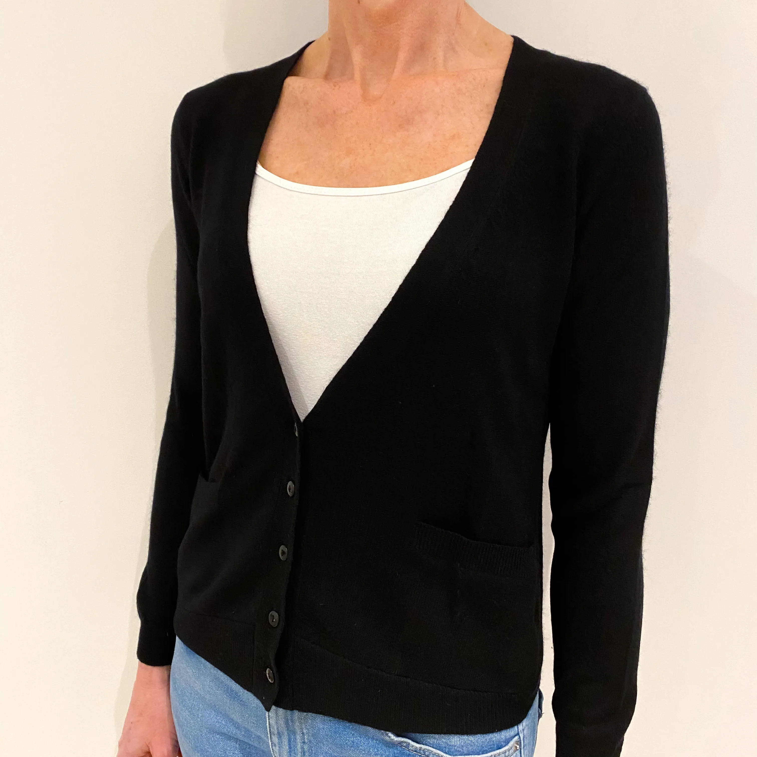 Black Cashmere V Neck Cardigan with Pockets Small