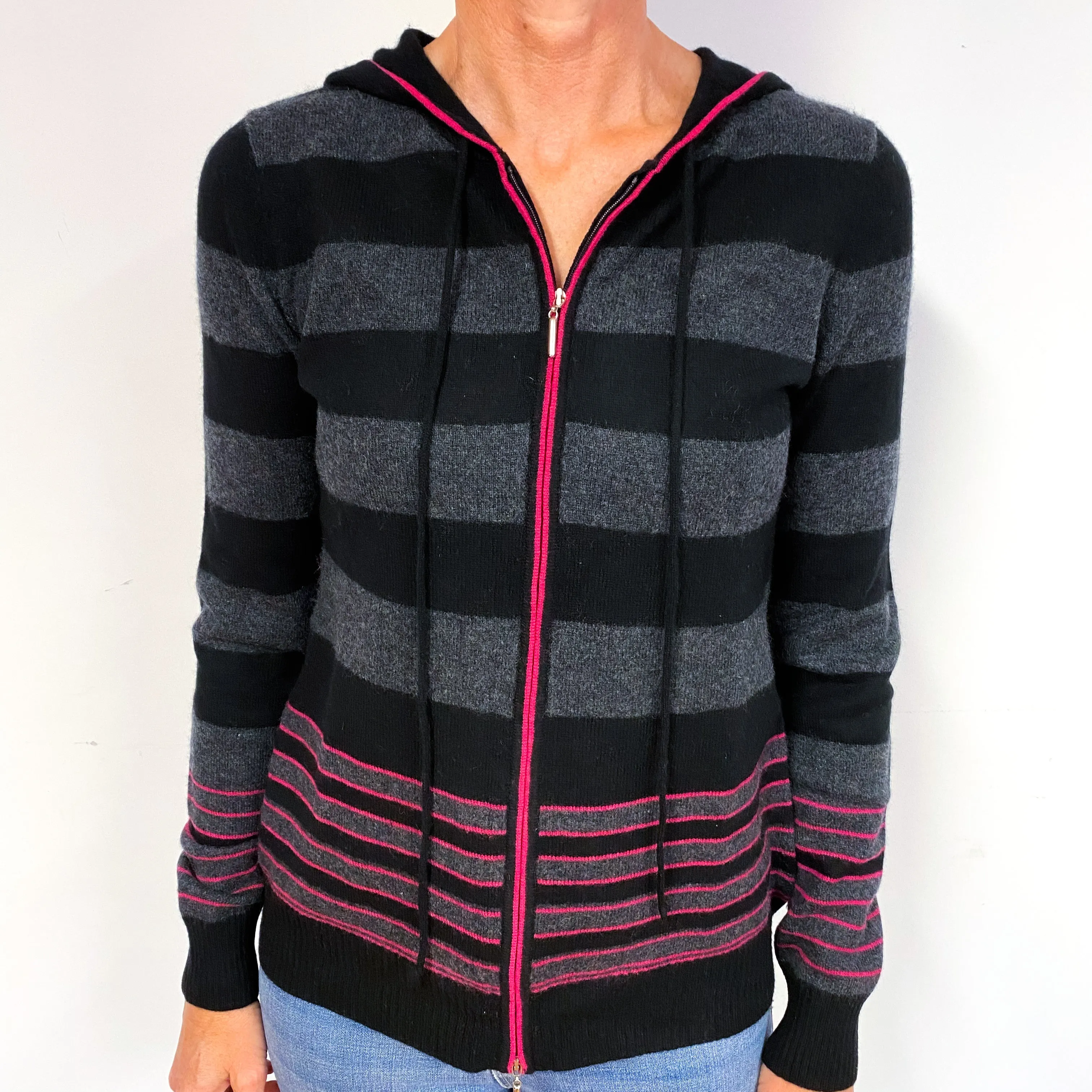 Black Grey Pink Stripe Cashmere Zip Up Hoodie Medium