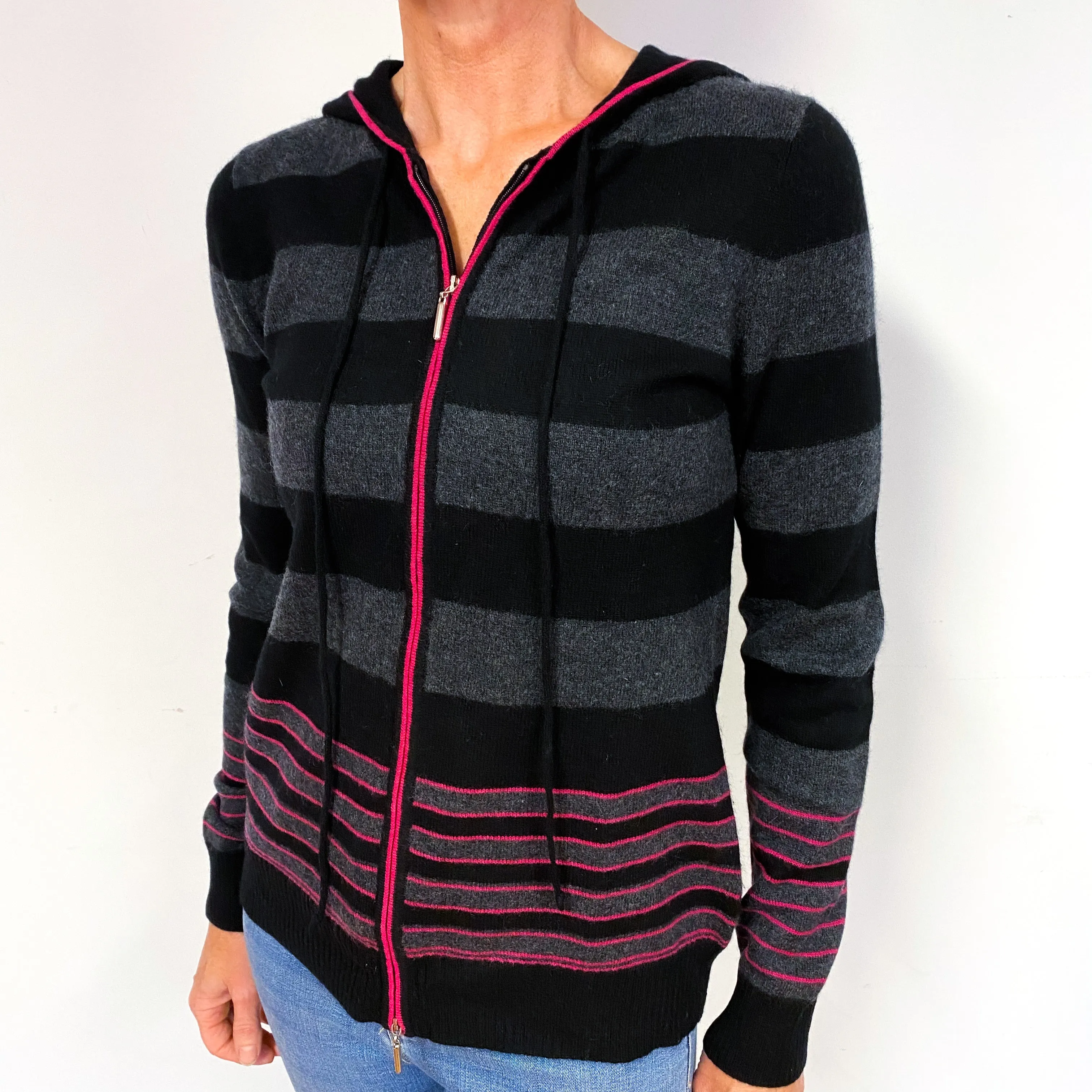 Black Grey Pink Stripe Cashmere Zip Up Hoodie Medium