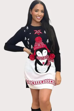 Black Penguin Design Christmas Jumper Dress