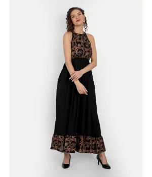 Black Printed A-Line Sleeveless Maxi Dress