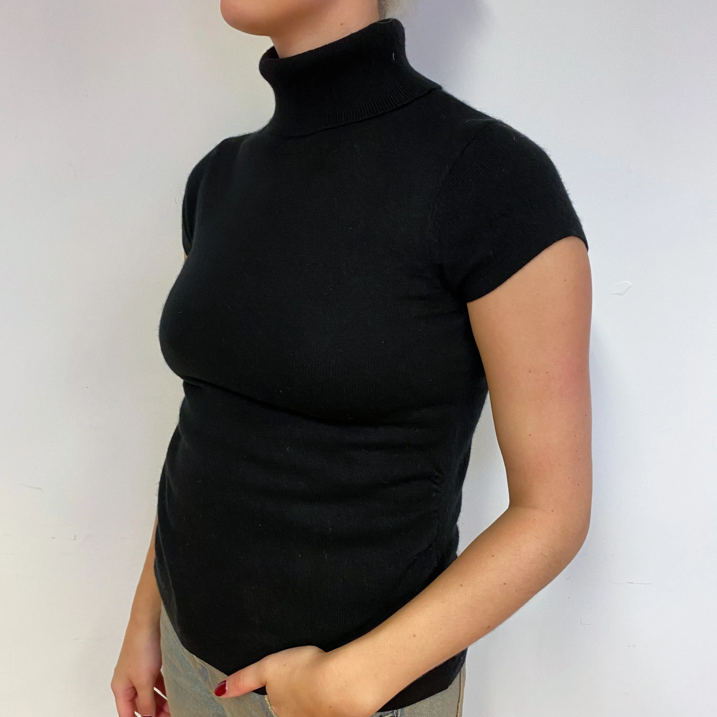 Black Short Sleeve Cashmere Polo Neck Jumper Small