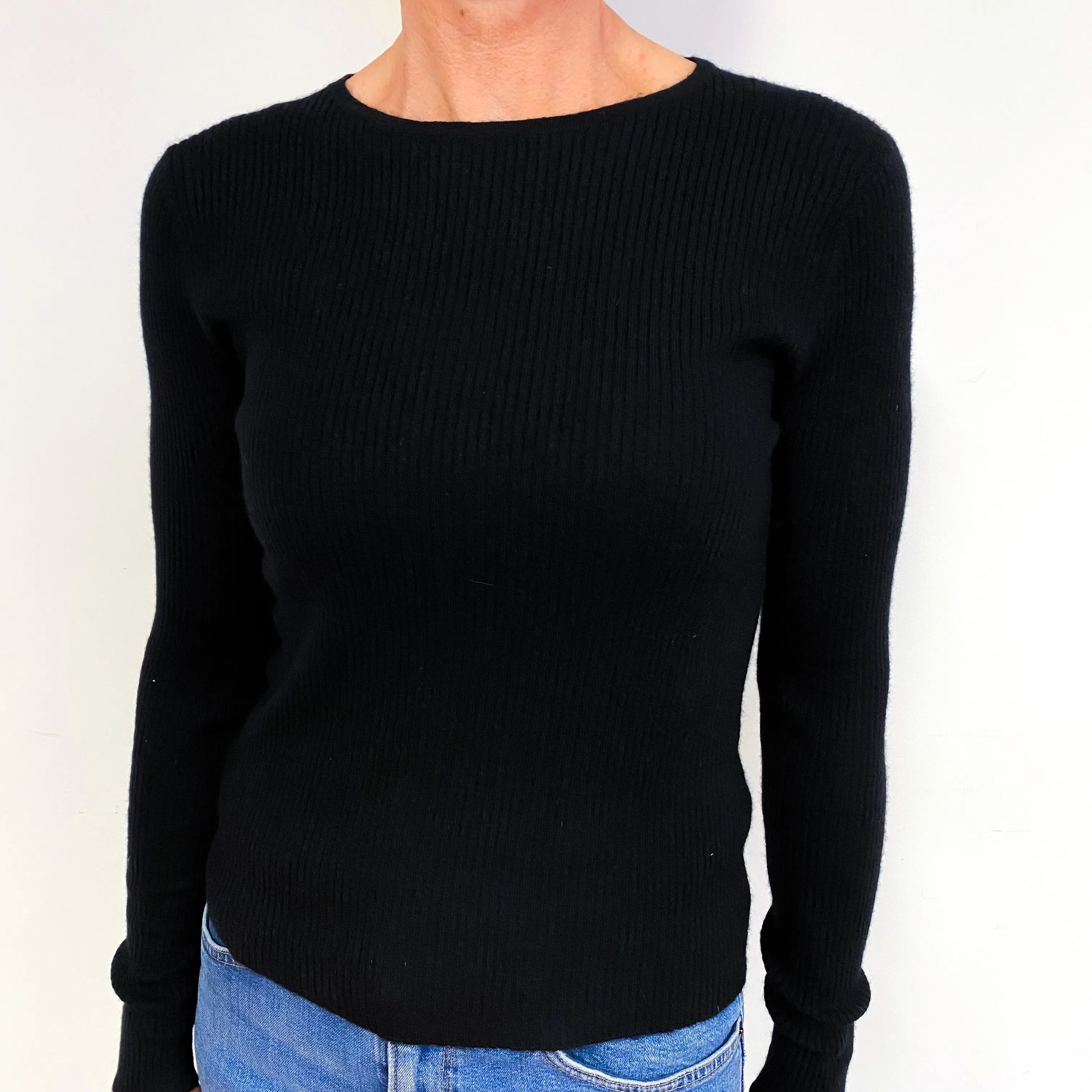 Black Skinny Rib Cashmere Crew Neck Jumper Medium