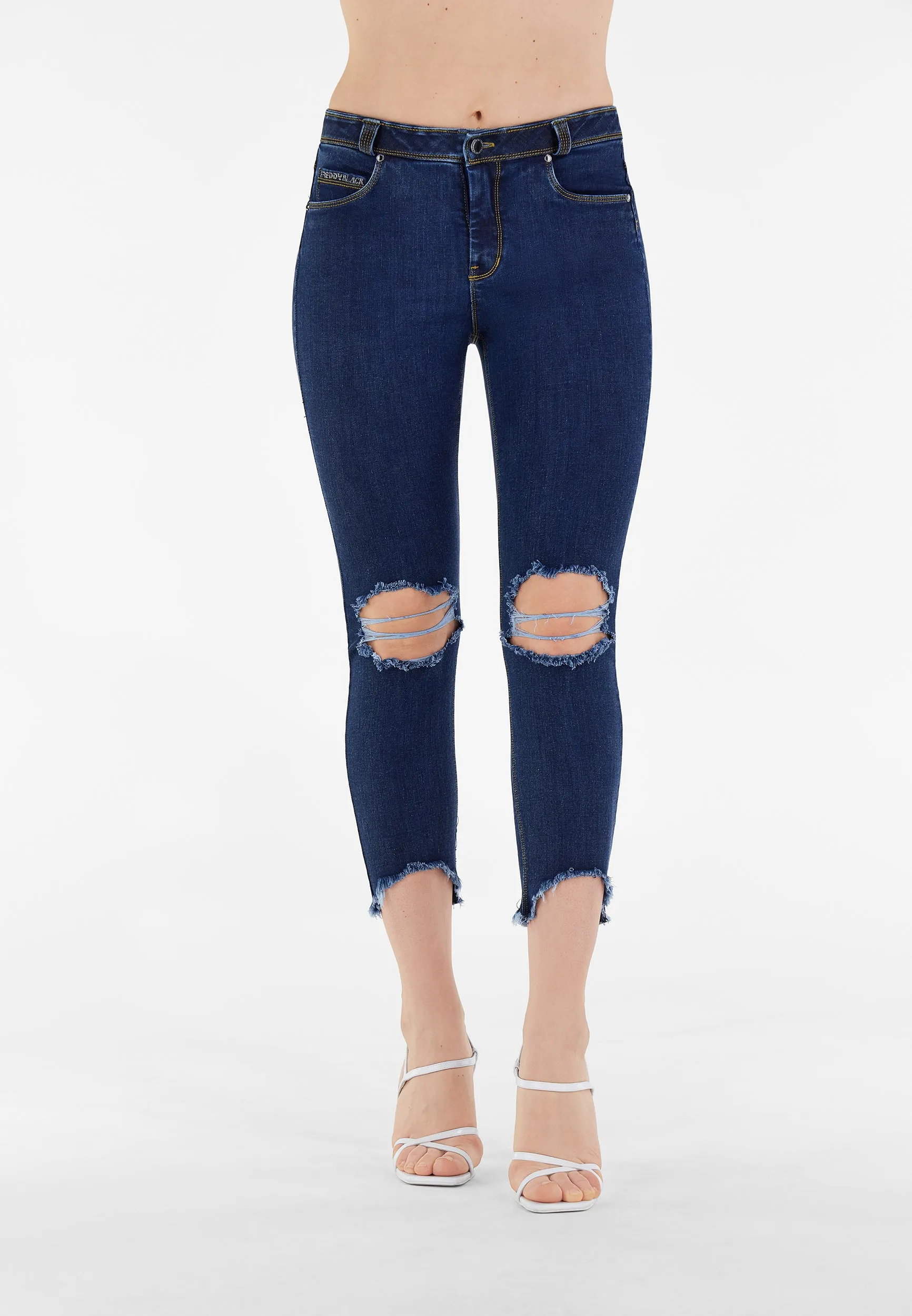 (BLACK5RS203-J0Y) Freddy Black 7/8 Skinny Jeans, Ripped At The Knees