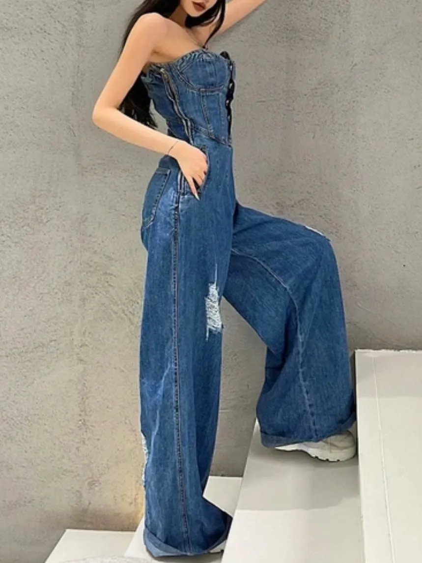 Blue denim strapless jumper