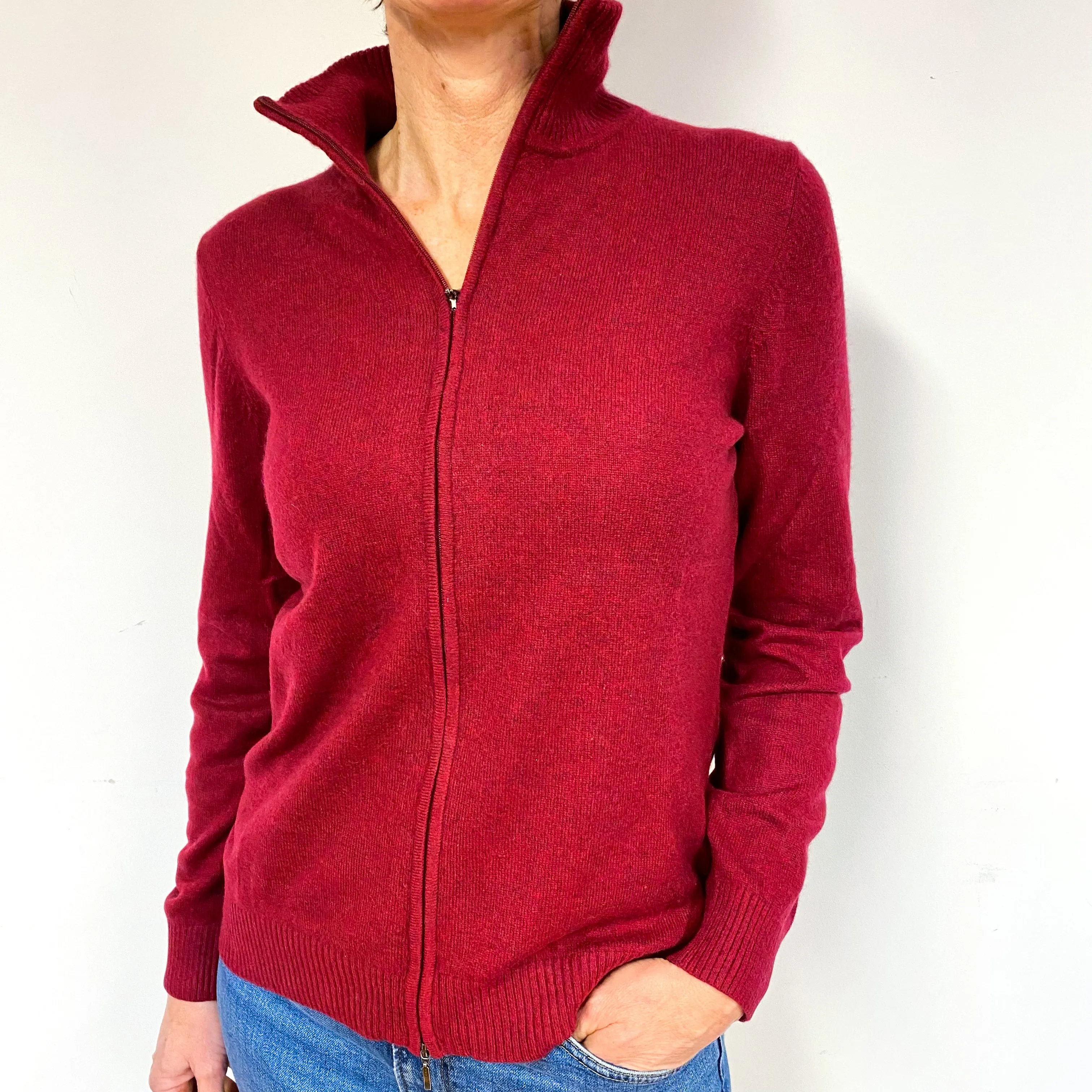 Burgundy Red Zip Turtleneck Cashmere Cardigan Medium