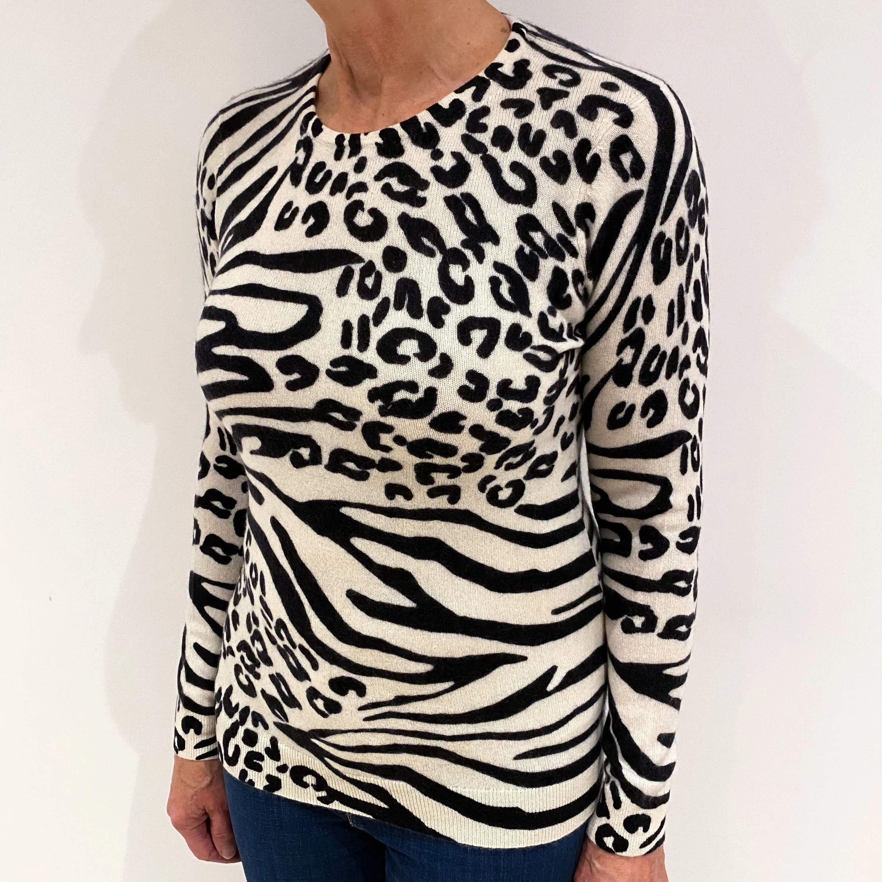 Charcoal and Cream Animal Print Cashmere Crew Neck Jumper Medium