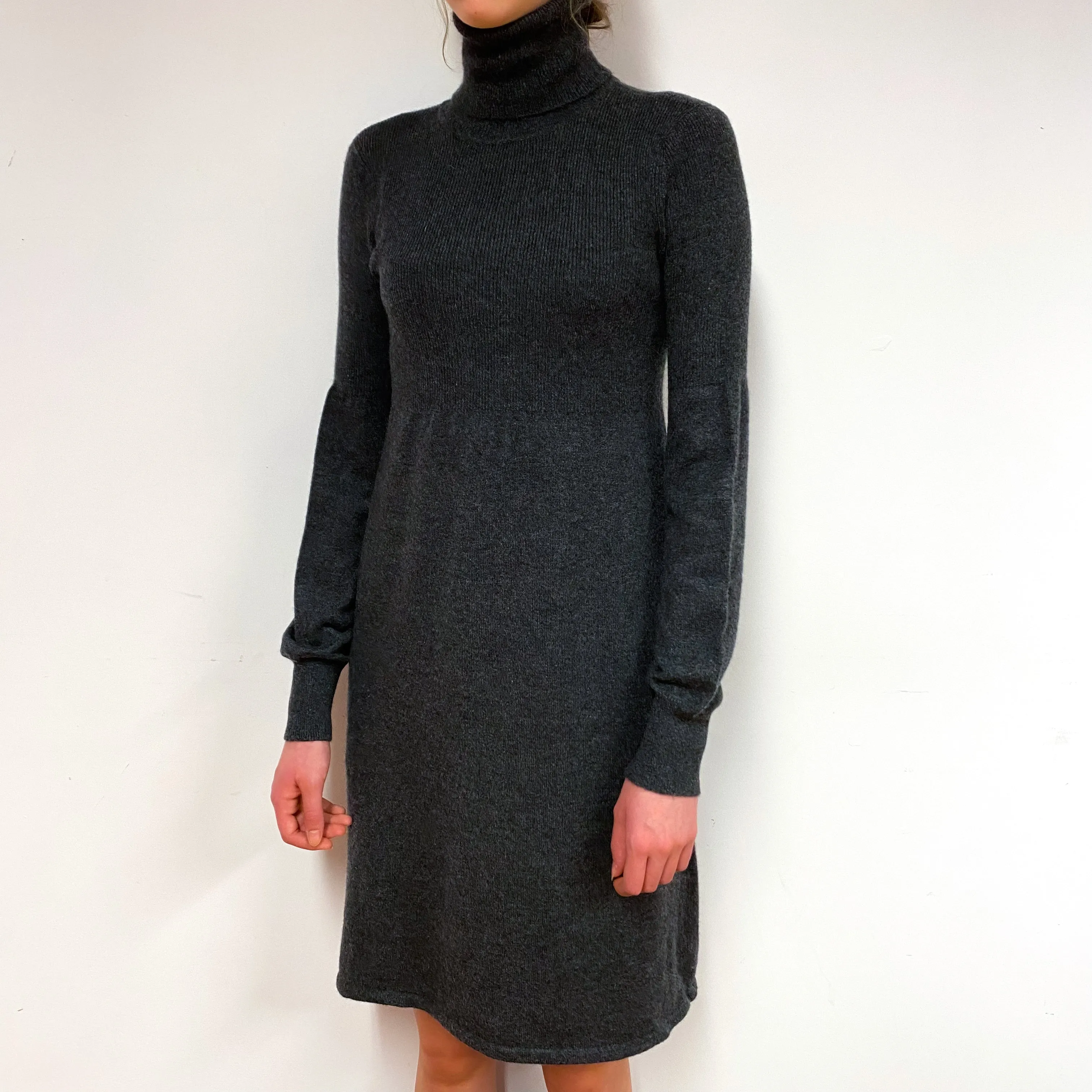 Charcoal Grey Balloon Sleeve Cashmere Polo Neck Dress Extra Small