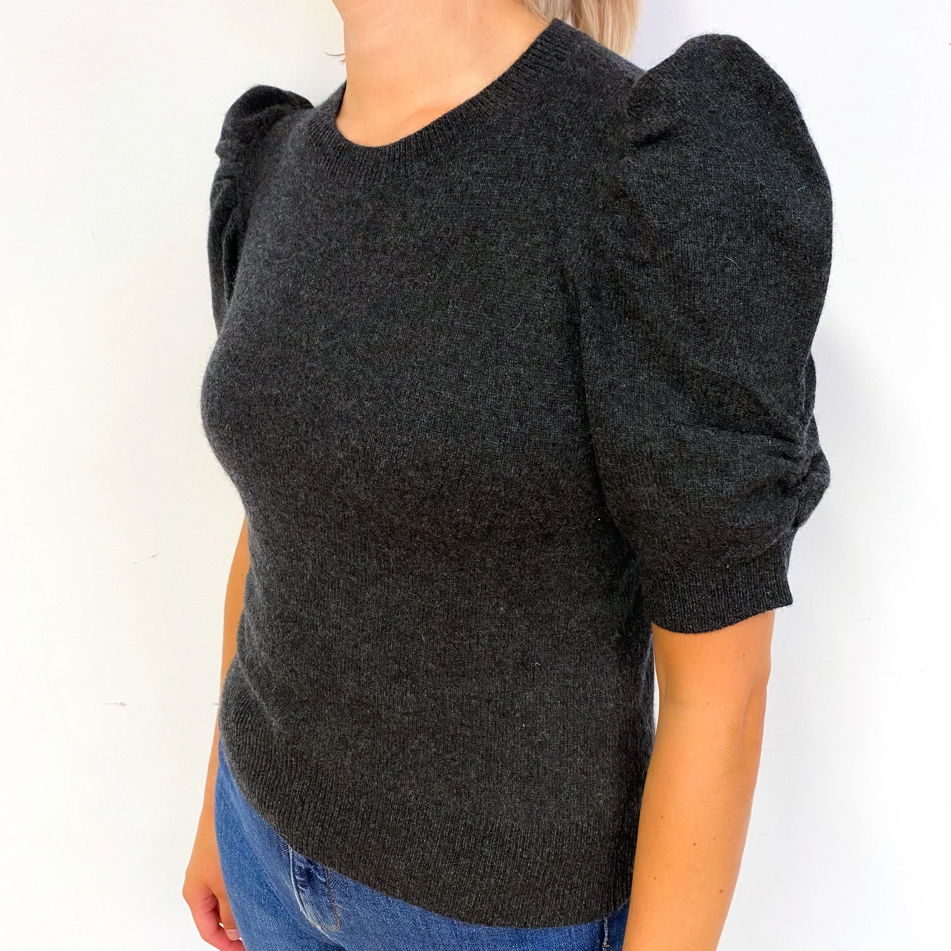 Charcoal Grey Puff Shoulder Cashmere Short Sleeve Jumper Small