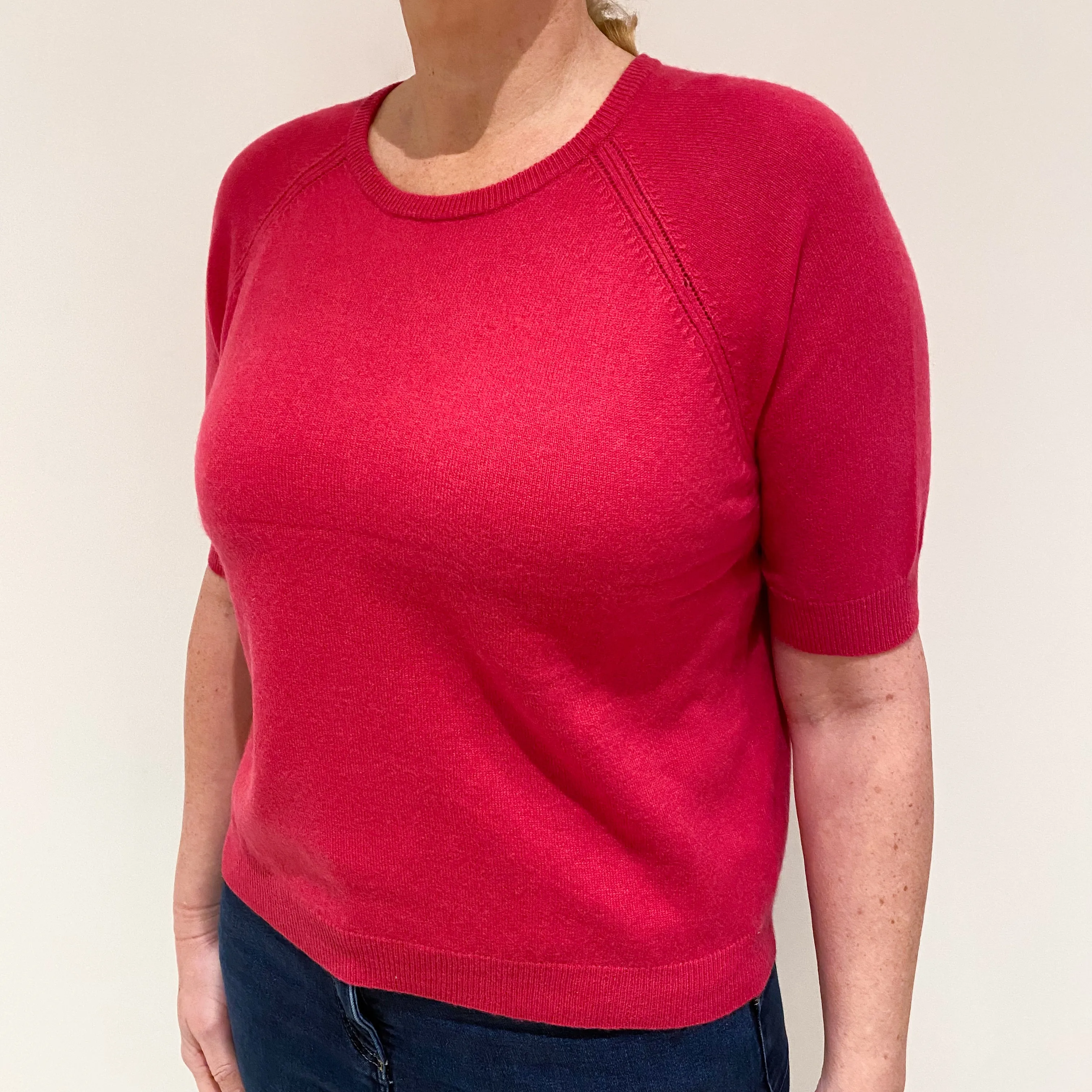 Cherry Pink Cashmere Short Sleeved Crew Neck Jumper Large