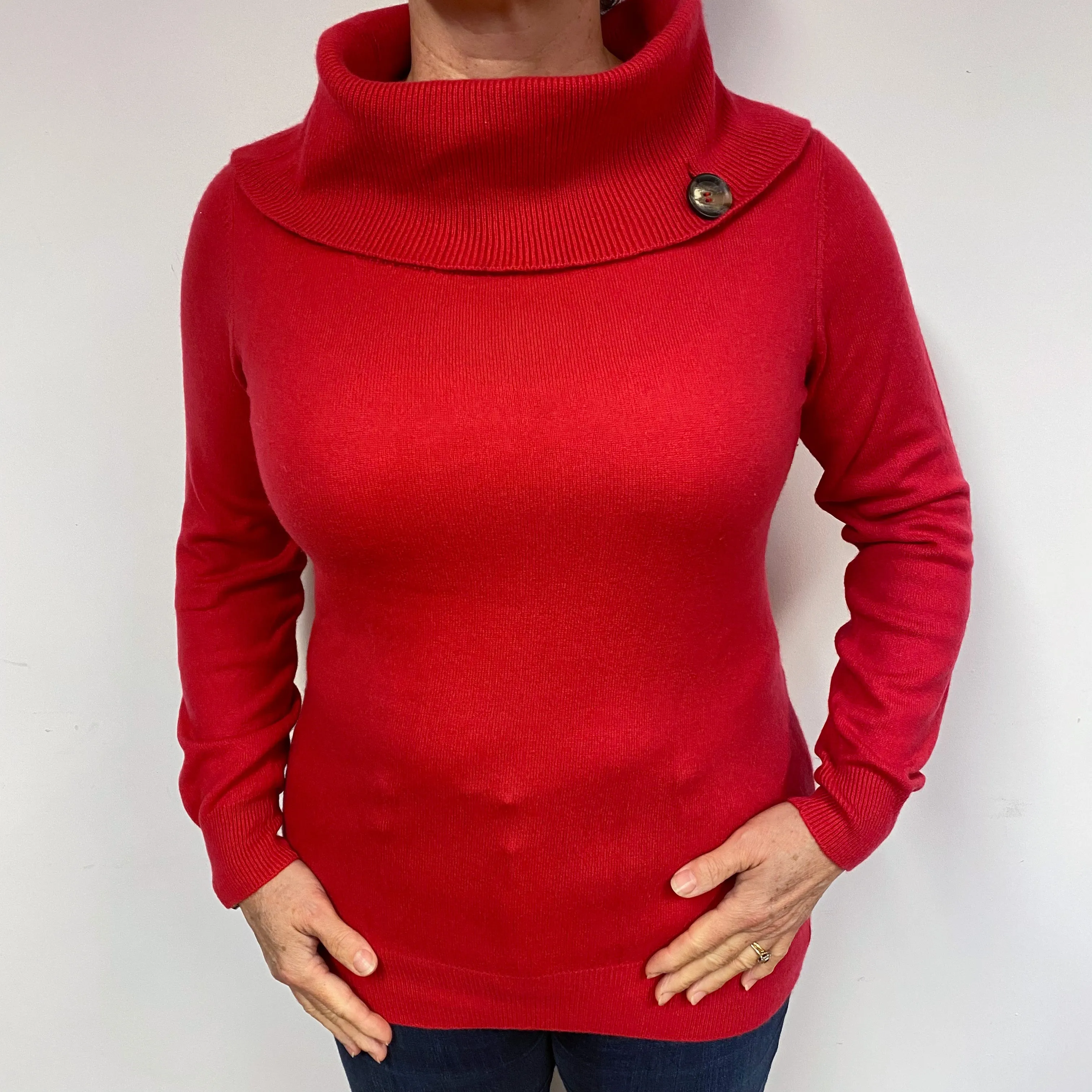 Cherry Red Cashmere Polo Neck Jumper Large