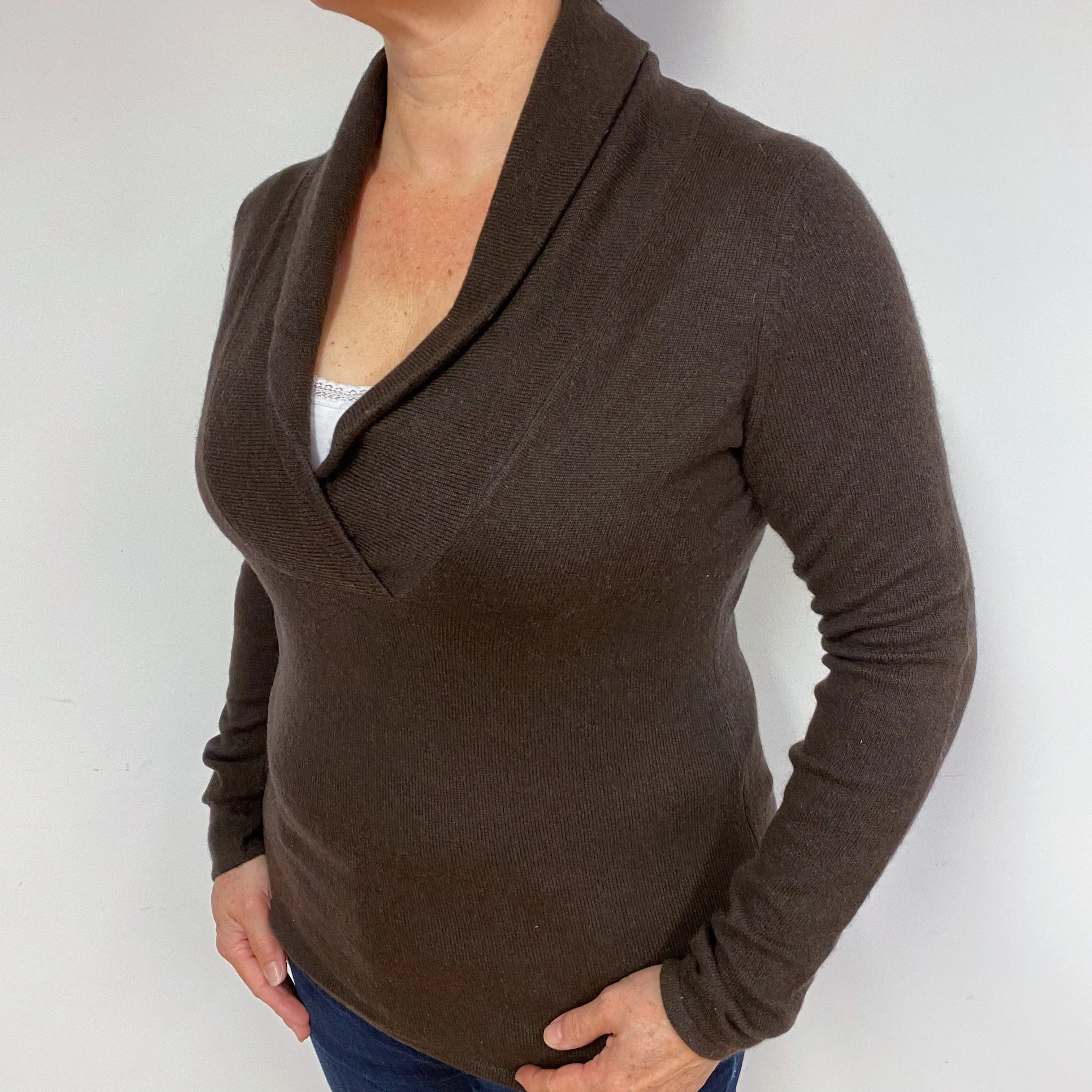 Chocolate Brown Shawl Collar Cashmere V-Neck Jumper Large