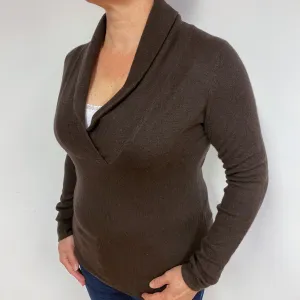 Chocolate Brown Shawl Collar Cashmere V-Neck Jumper Large