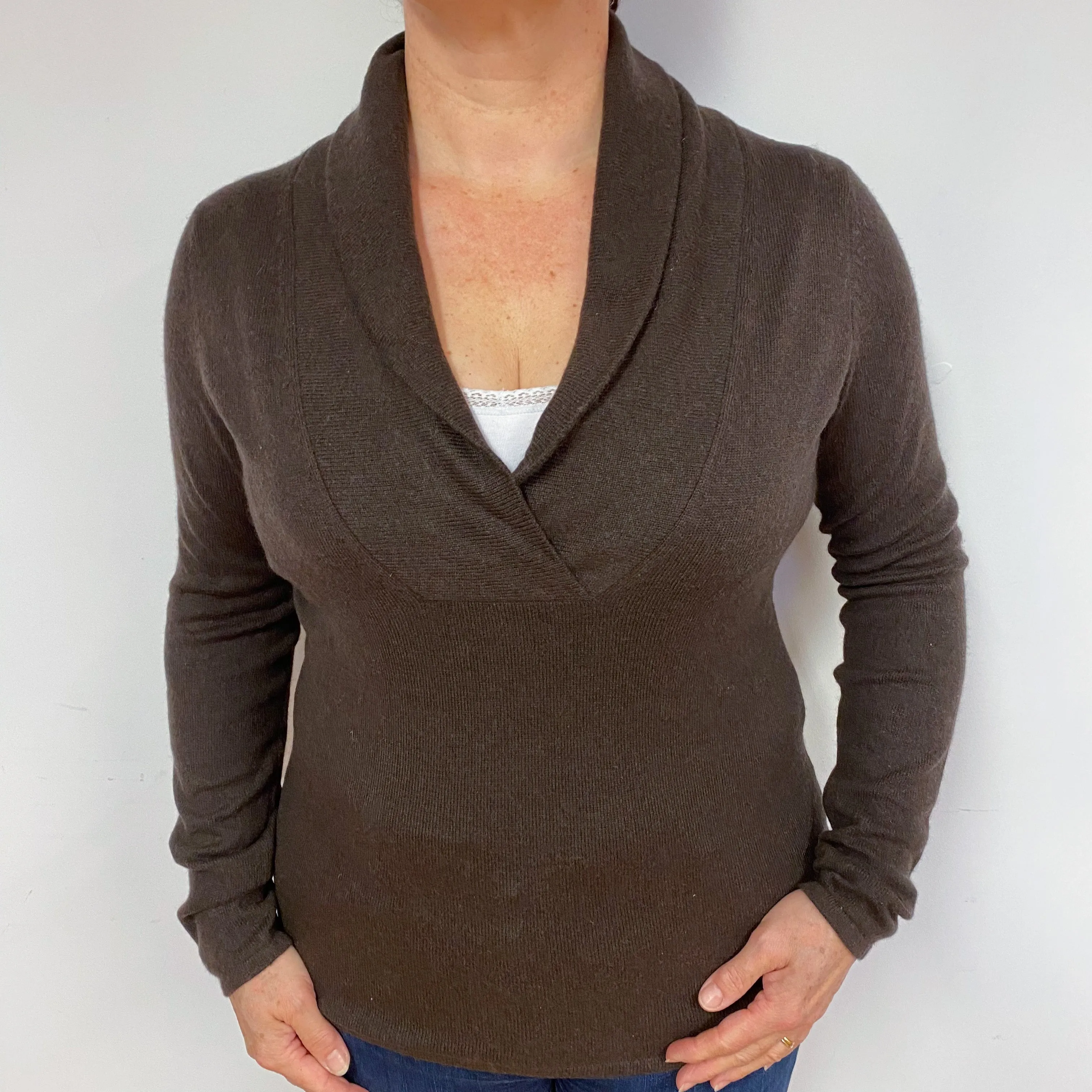 Chocolate Brown Shawl Collar Cashmere V-Neck Jumper Large