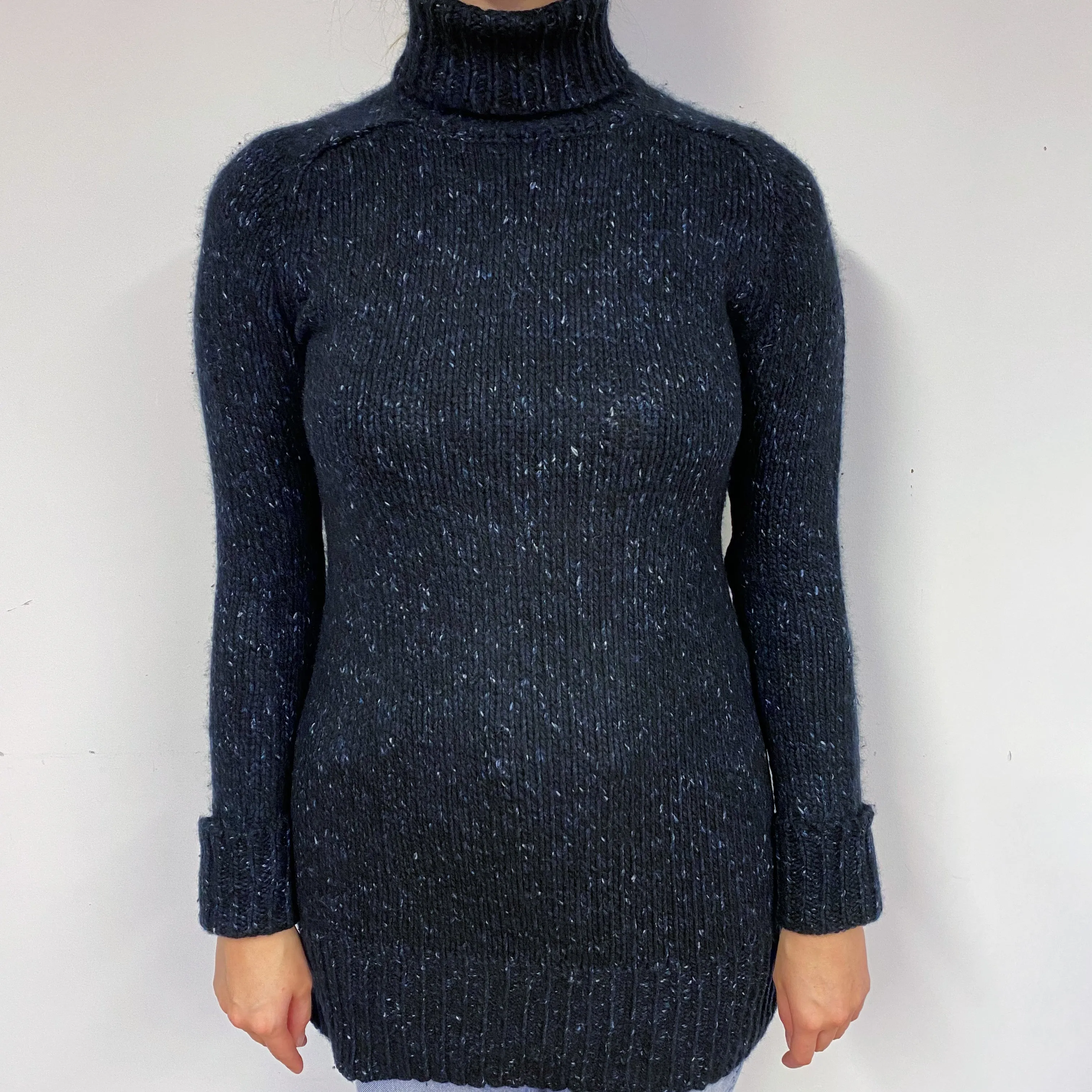 Chunky Black Marl Cashmere Polo Neck Jumper Small