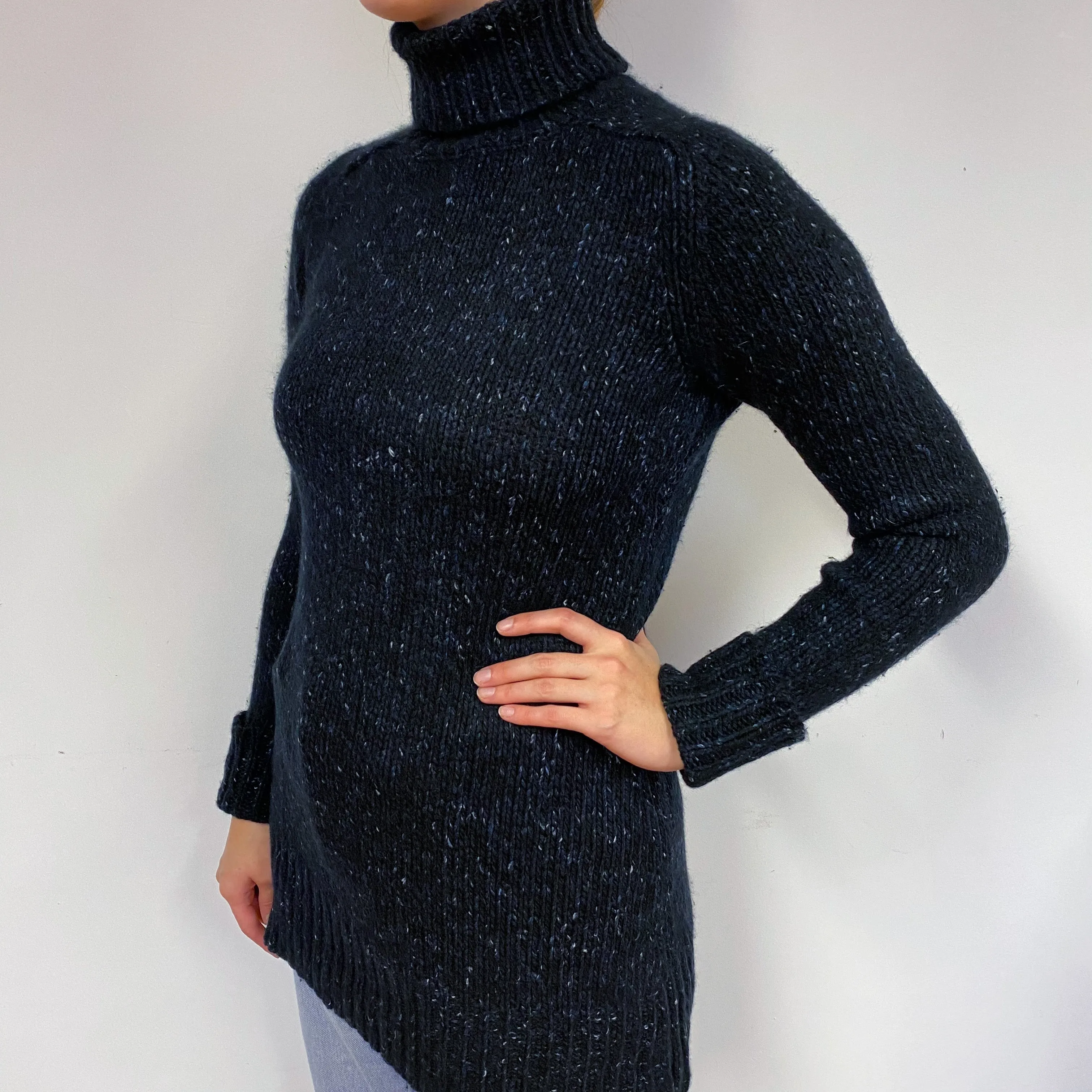 Chunky Black Marl Cashmere Polo Neck Jumper Small