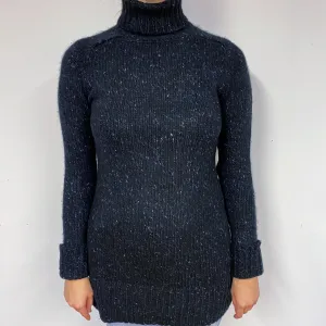 Chunky Black Marl Cashmere Polo Neck Jumper Small