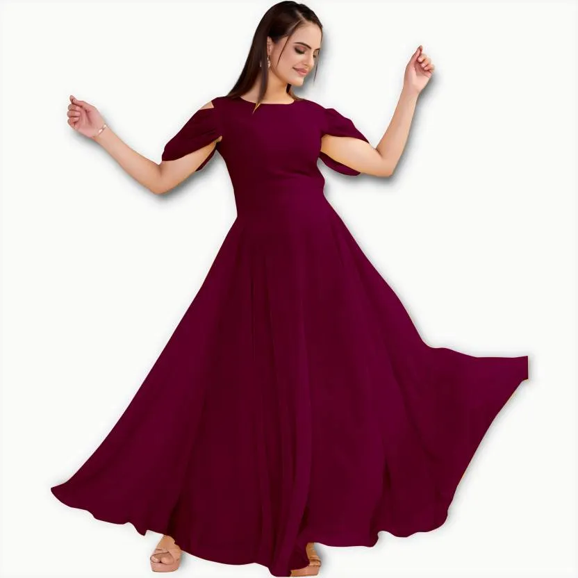 Classy Georgette Maxi Dress with Bell Sleeves for Women