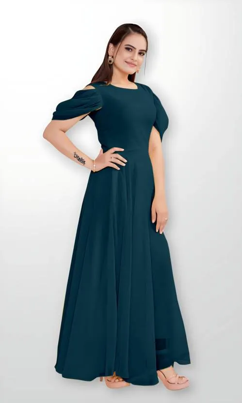 Classy Georgette Maxi Dress with Bell Sleeves for Women