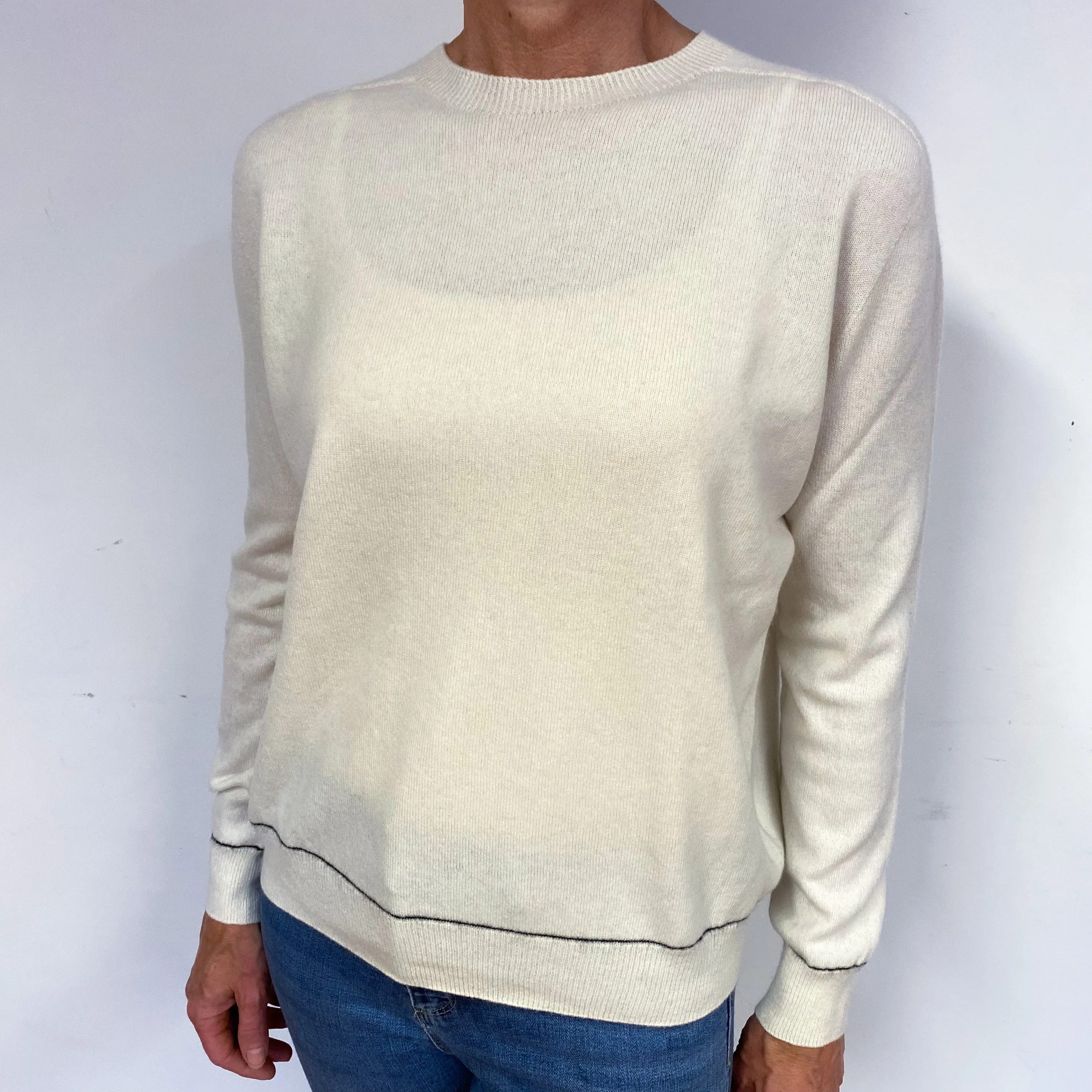 Cream Black Stripe Cashmere Crew Neck Jumper Medium
