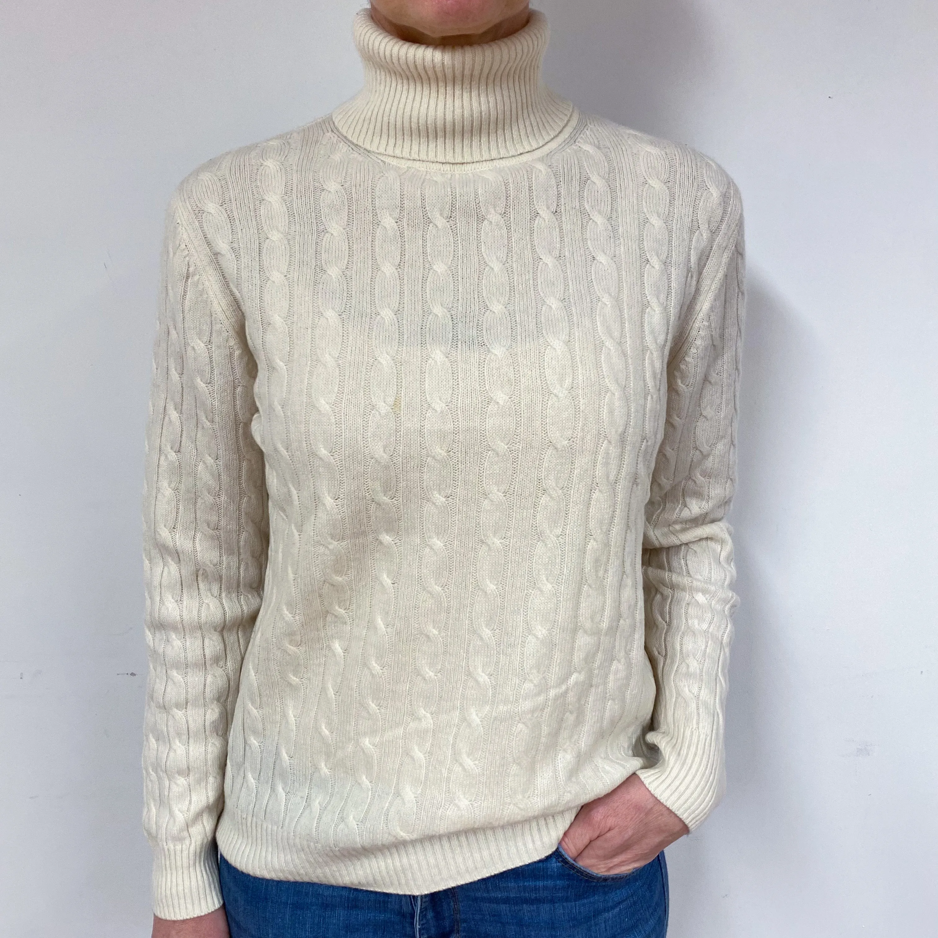 Cream Cable Cashmere Polo Neck Jumper Medium