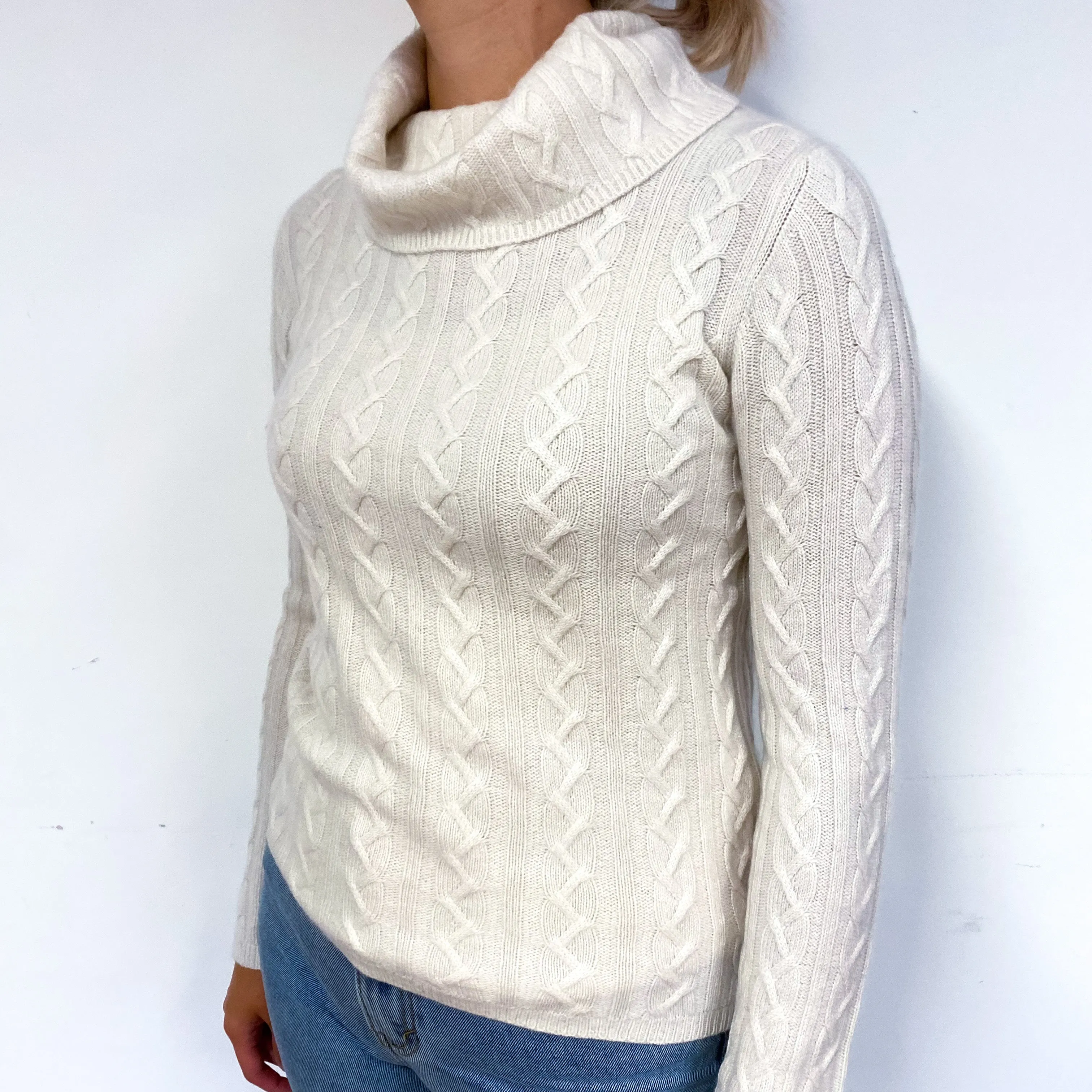 Cream Cable Knit Cashmere Polo Neck Jumper Small