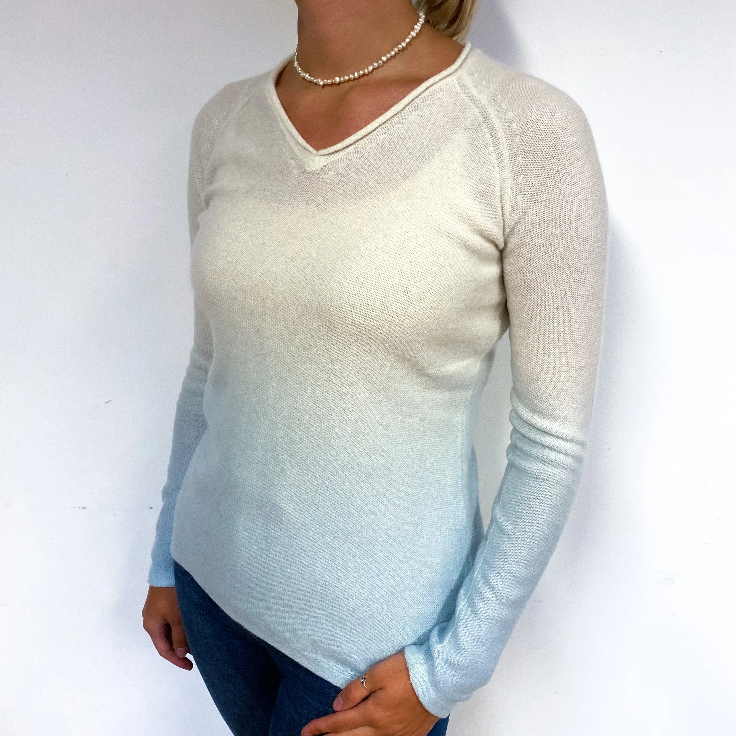 Cream Pale Blue Ombré Cashmere V-Neck Jumper Small