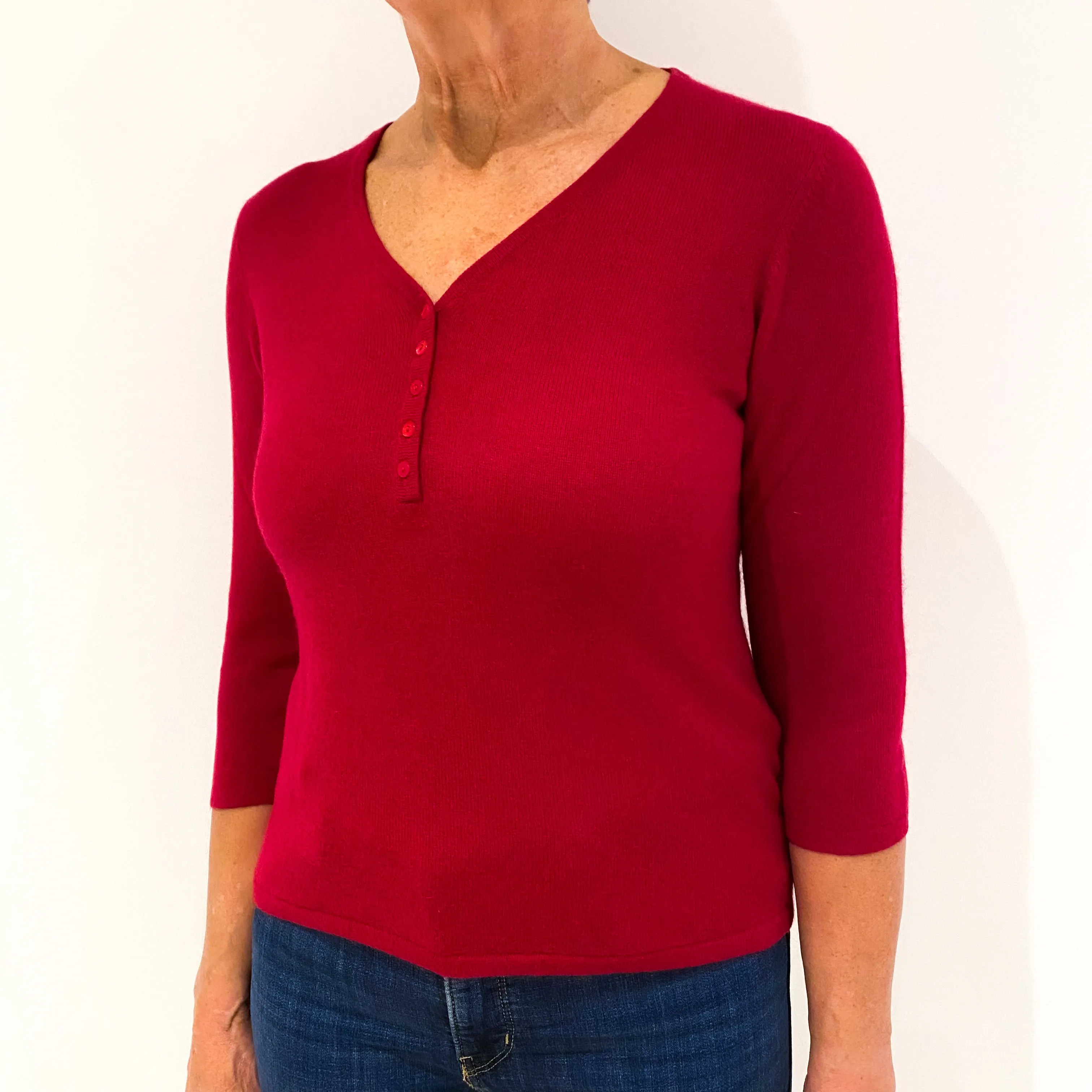 Crimson Red Quarter Button Cashmere V-Neck Jumper Medium