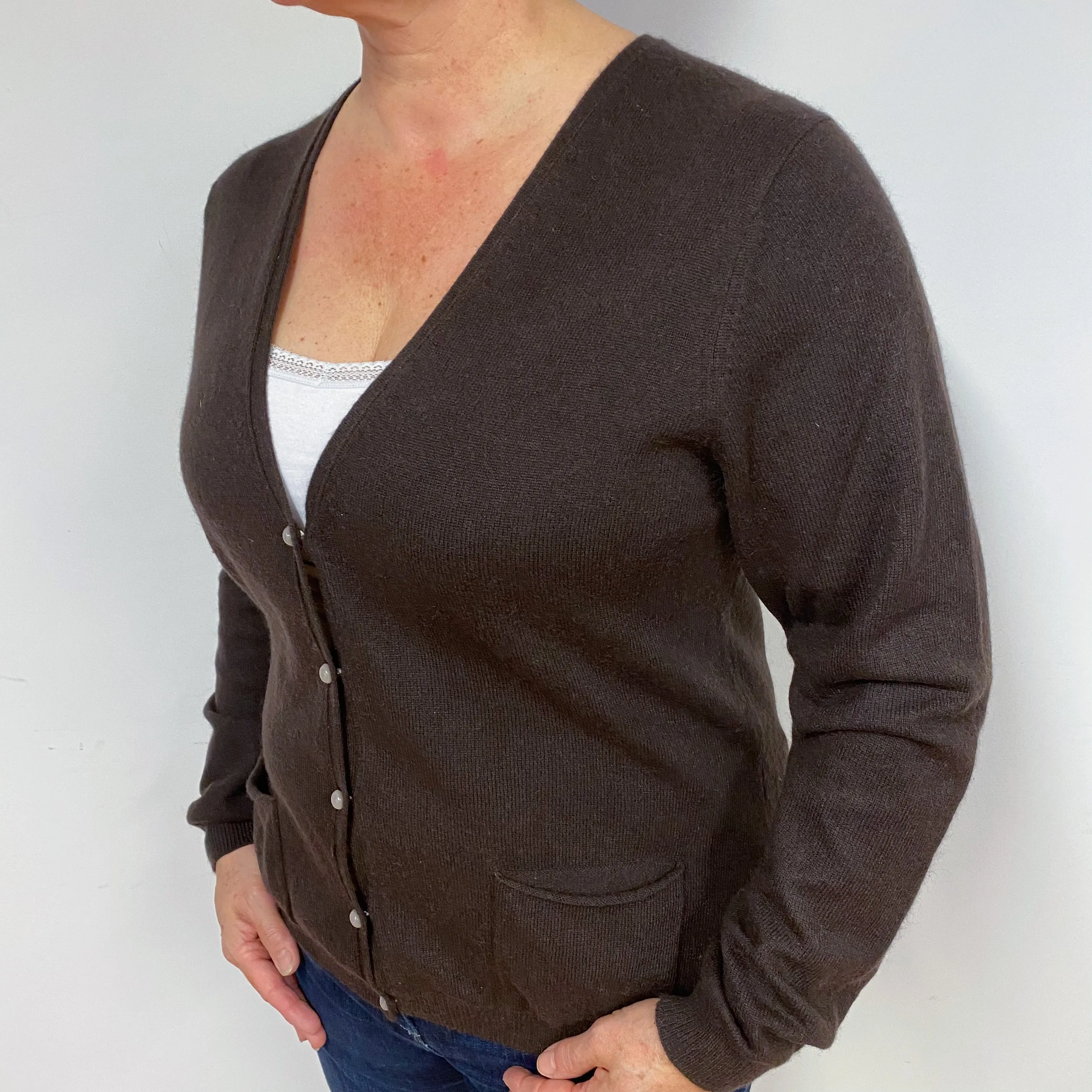 Dark Chocolate Brown Cashmere V-Neck Cardigan Large