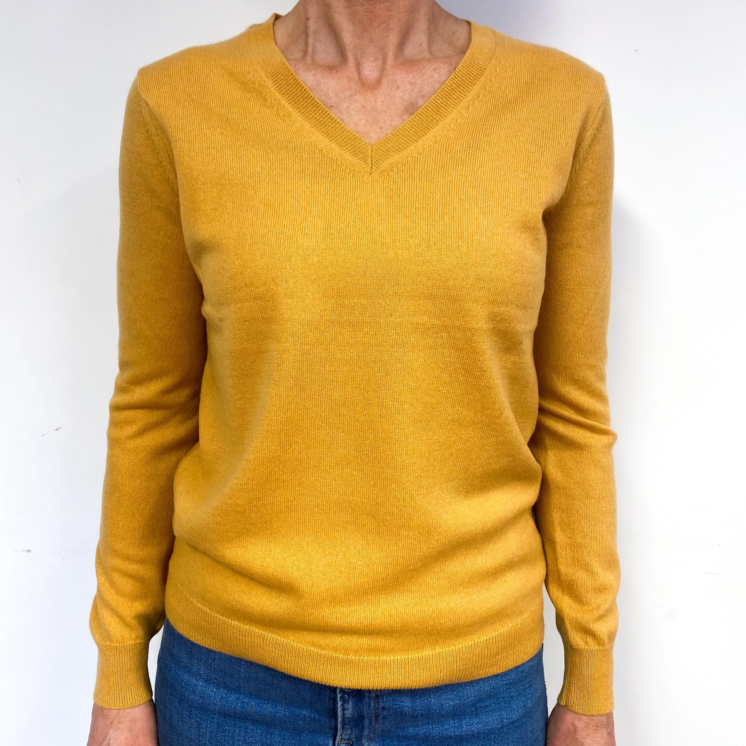 Dark Mustard Yellow Cashmere V-Neck Jumper Medium