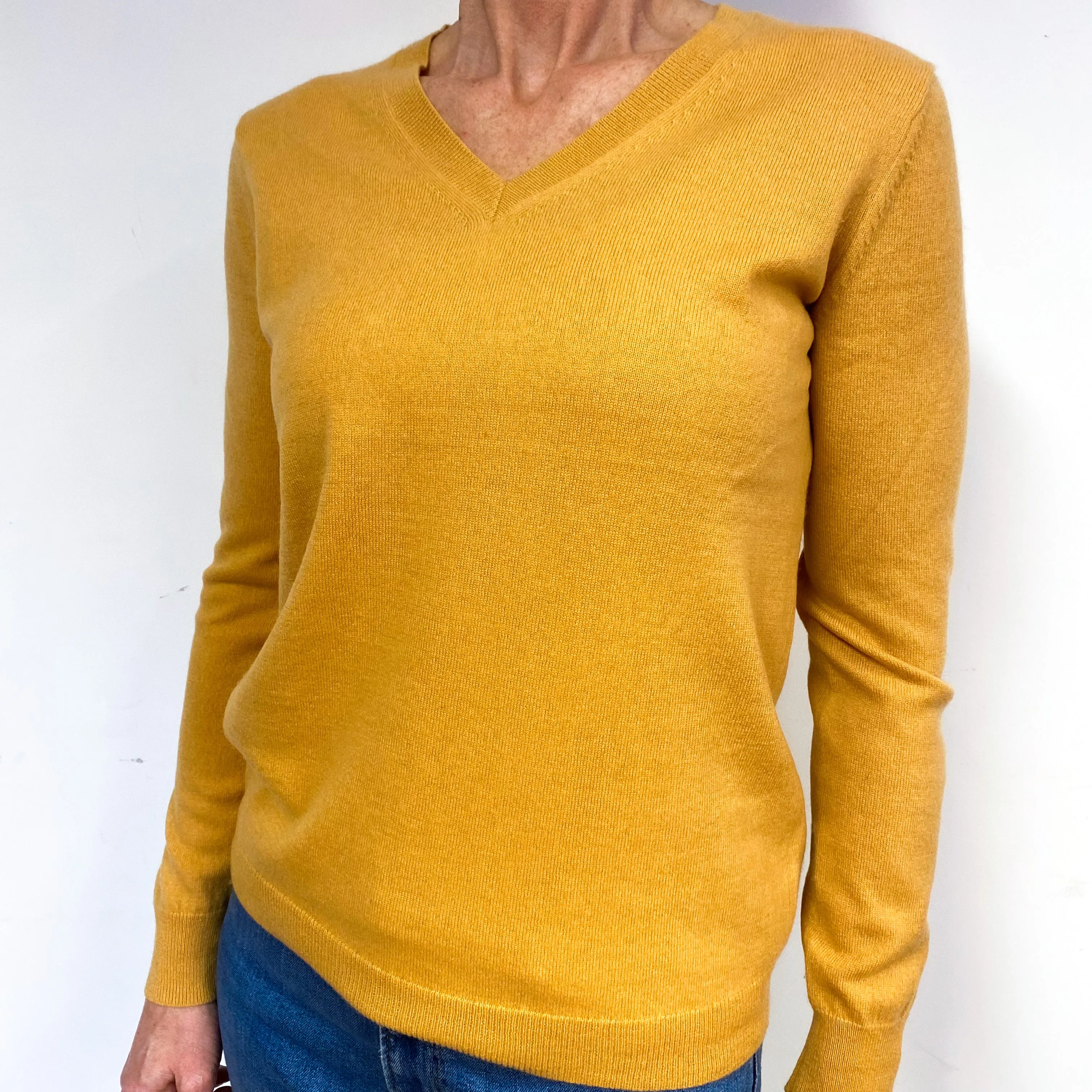 Dark Mustard Yellow Cashmere V-Neck Jumper Medium