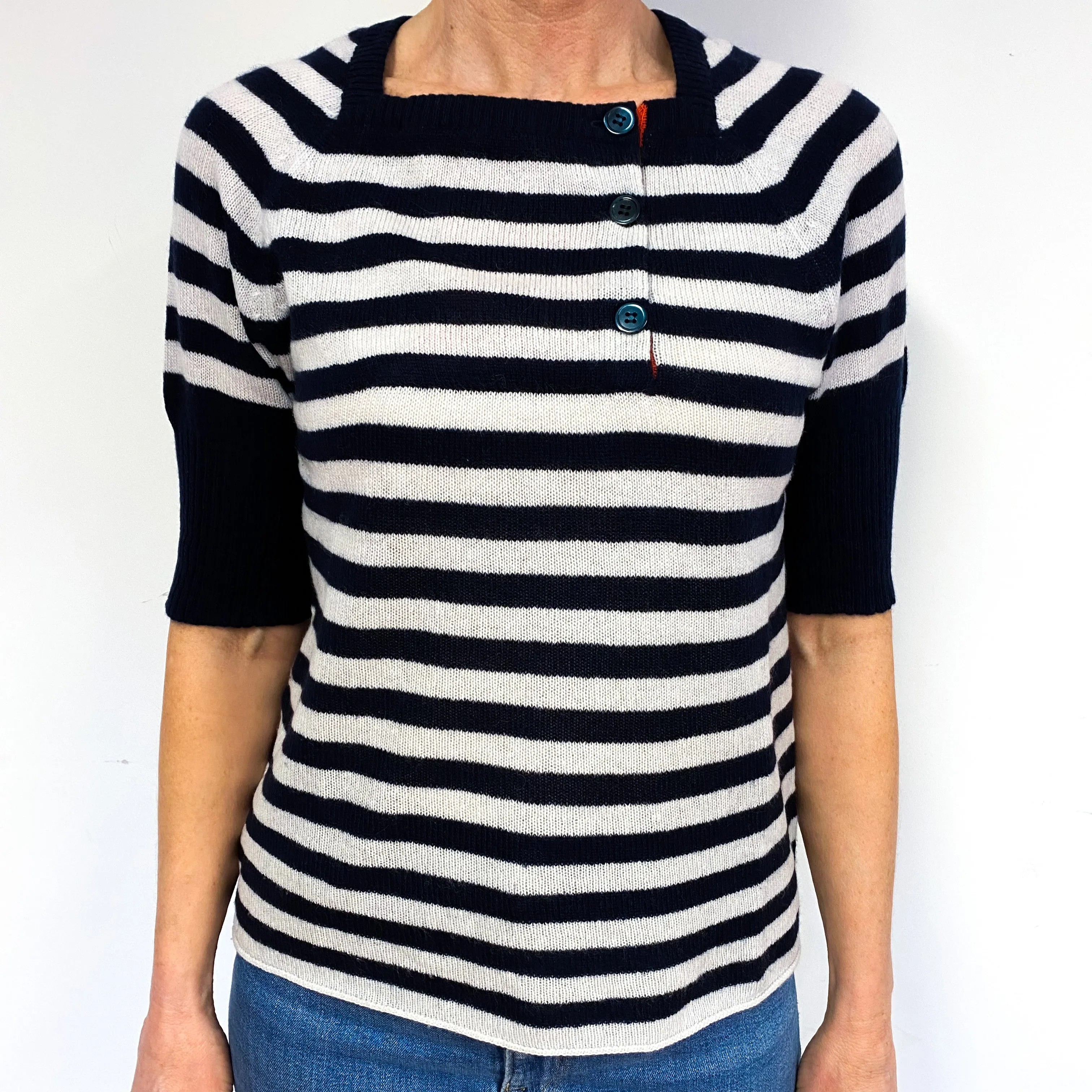 Dark Navy And Cream Cashmere Crew Neck Jumper Medium