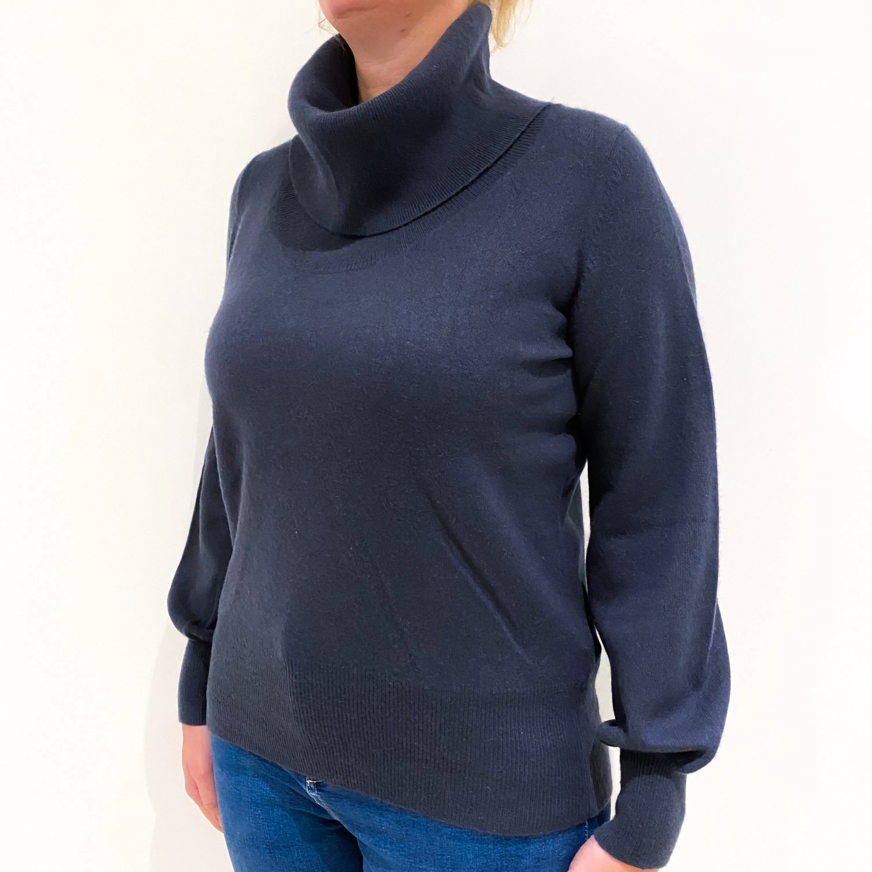 Dark Slate Blue Grey Cashmere Polo Neck Jumper Large