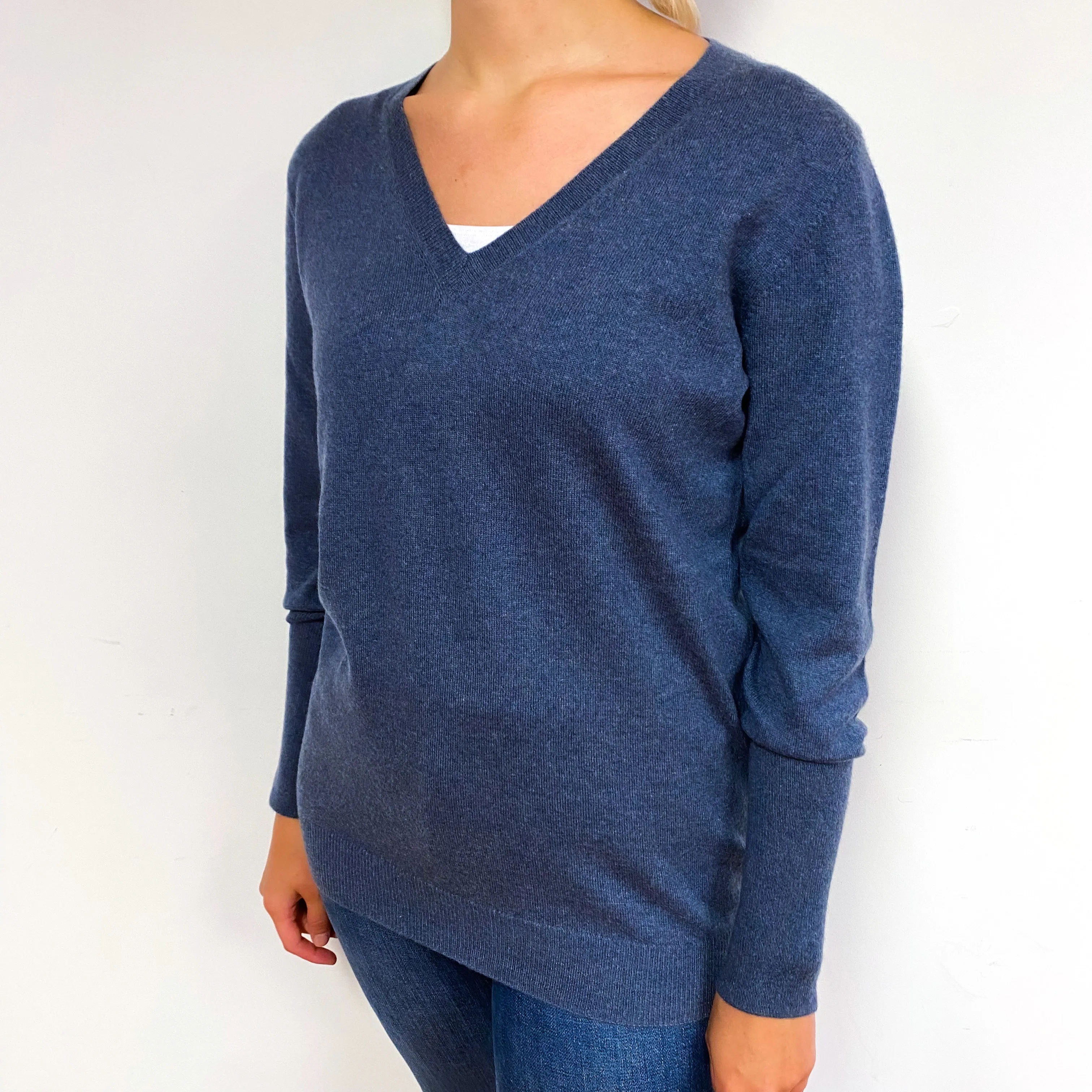 Deep Dusky Blue Cashmere V-Neck Jumper Small