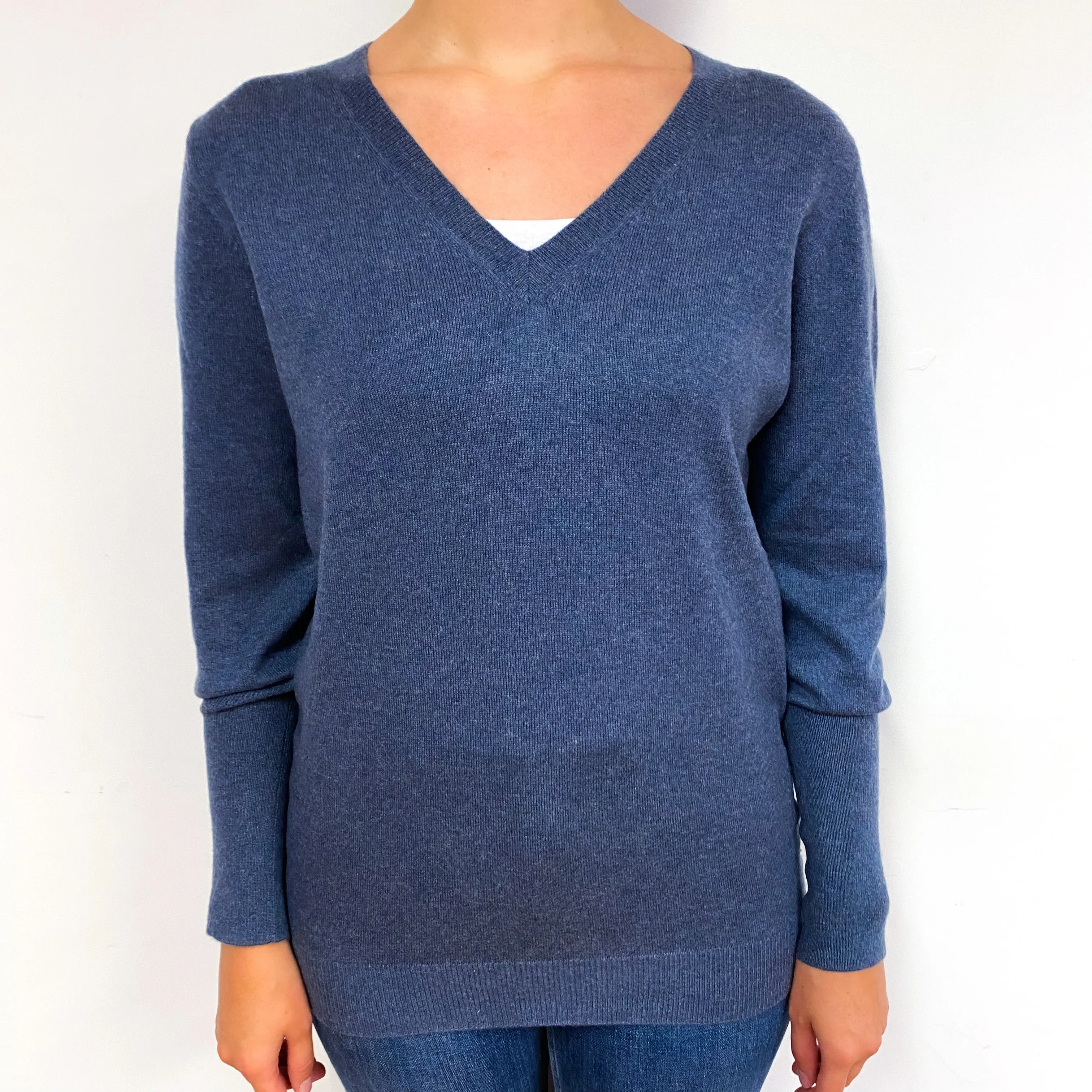 Deep Dusky Blue Cashmere V-Neck Jumper Small