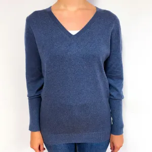 Deep Dusky Blue Cashmere V-Neck Jumper Small