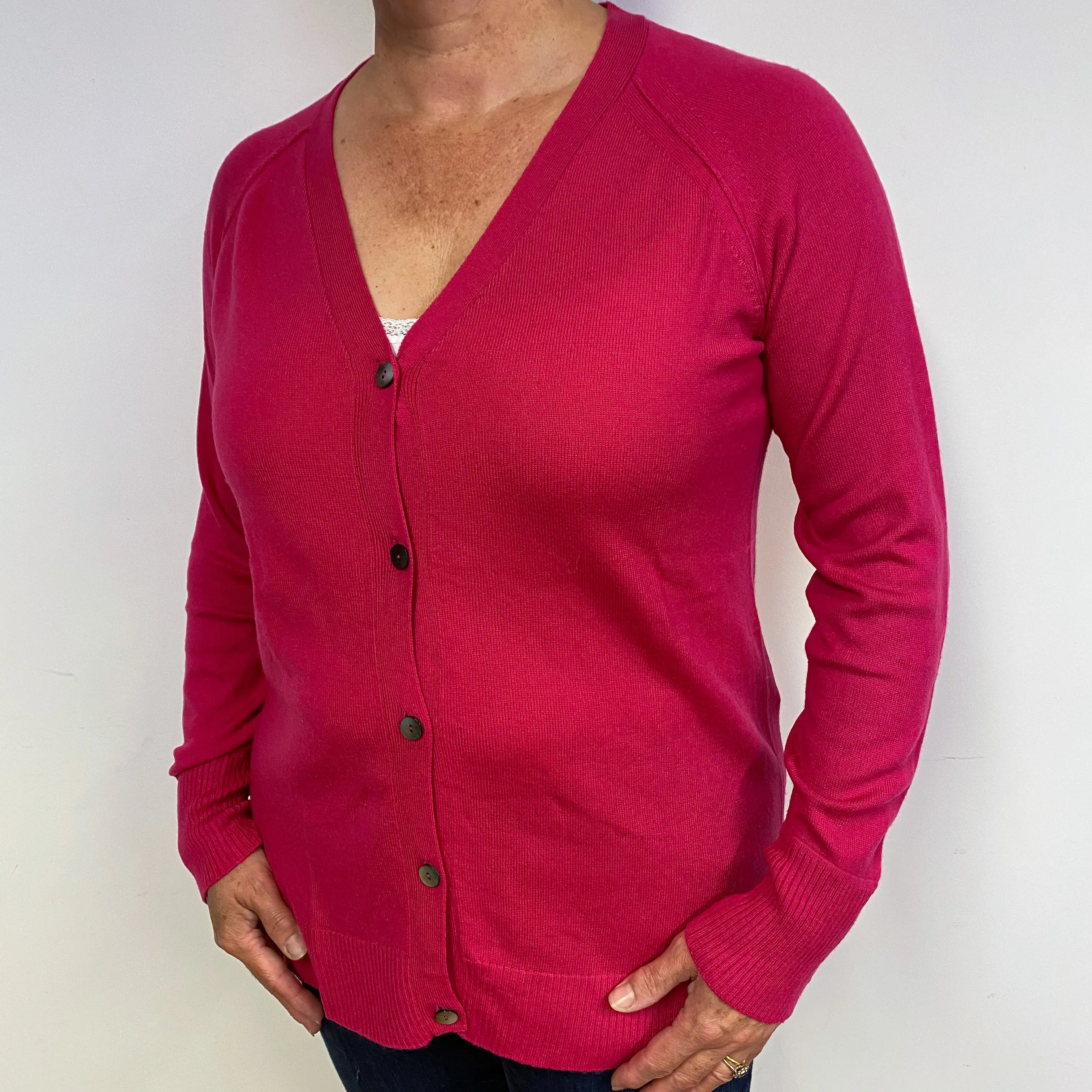 Deep Fuchsia Pink Cashmere V Neck Cardigan