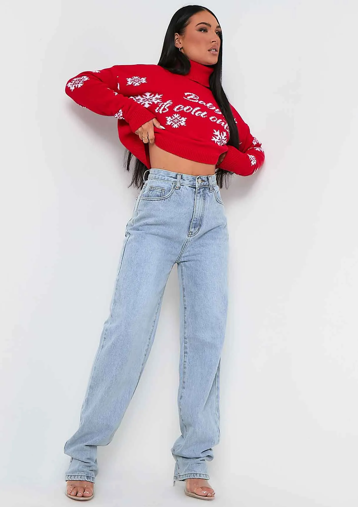 Ella Red 'Baby It's Cold Outside' Roll Neck Knitted Cropped Christmas Jumper