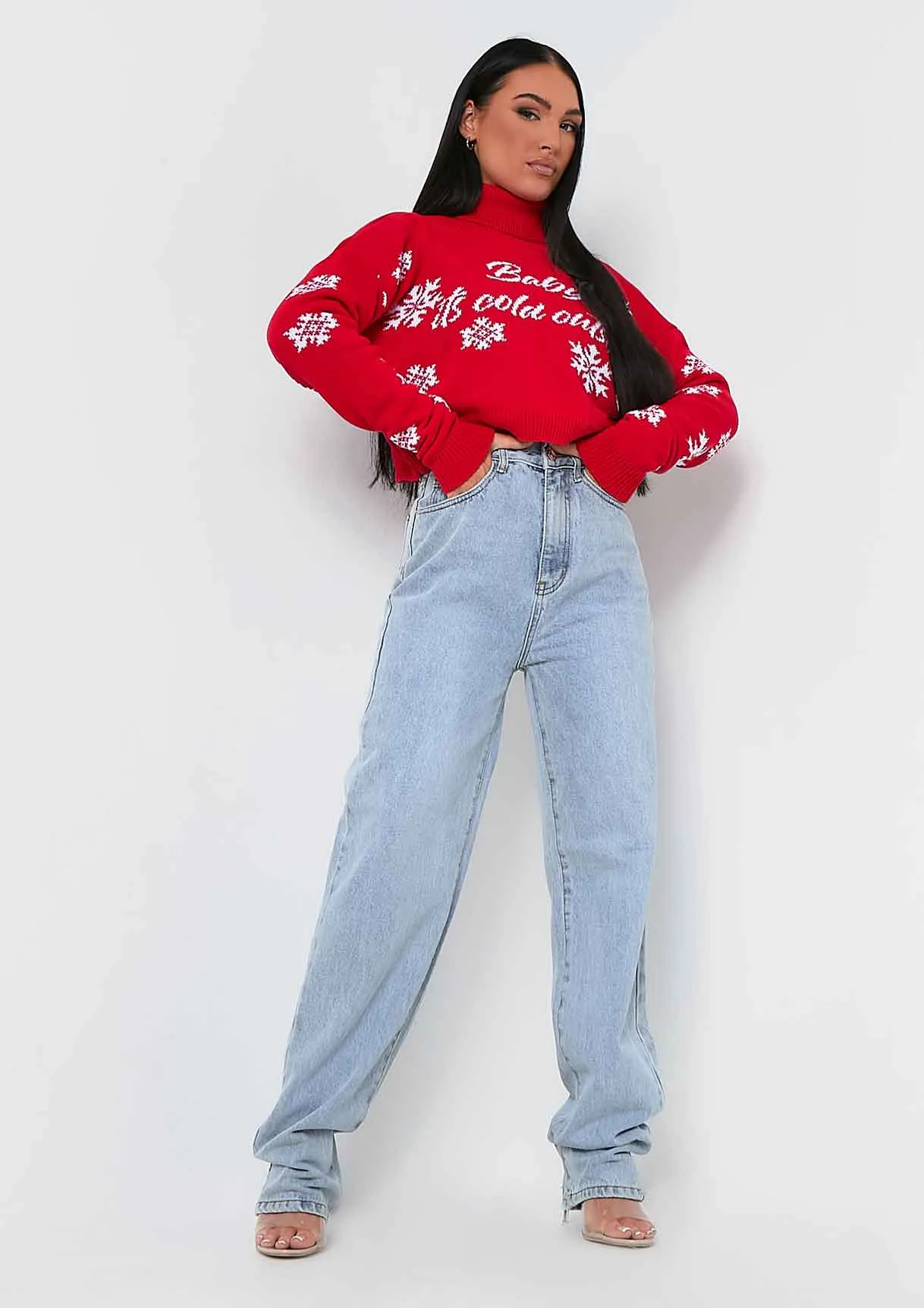 Ella Red 'Baby It's Cold Outside' Roll Neck Knitted Cropped Christmas Jumper